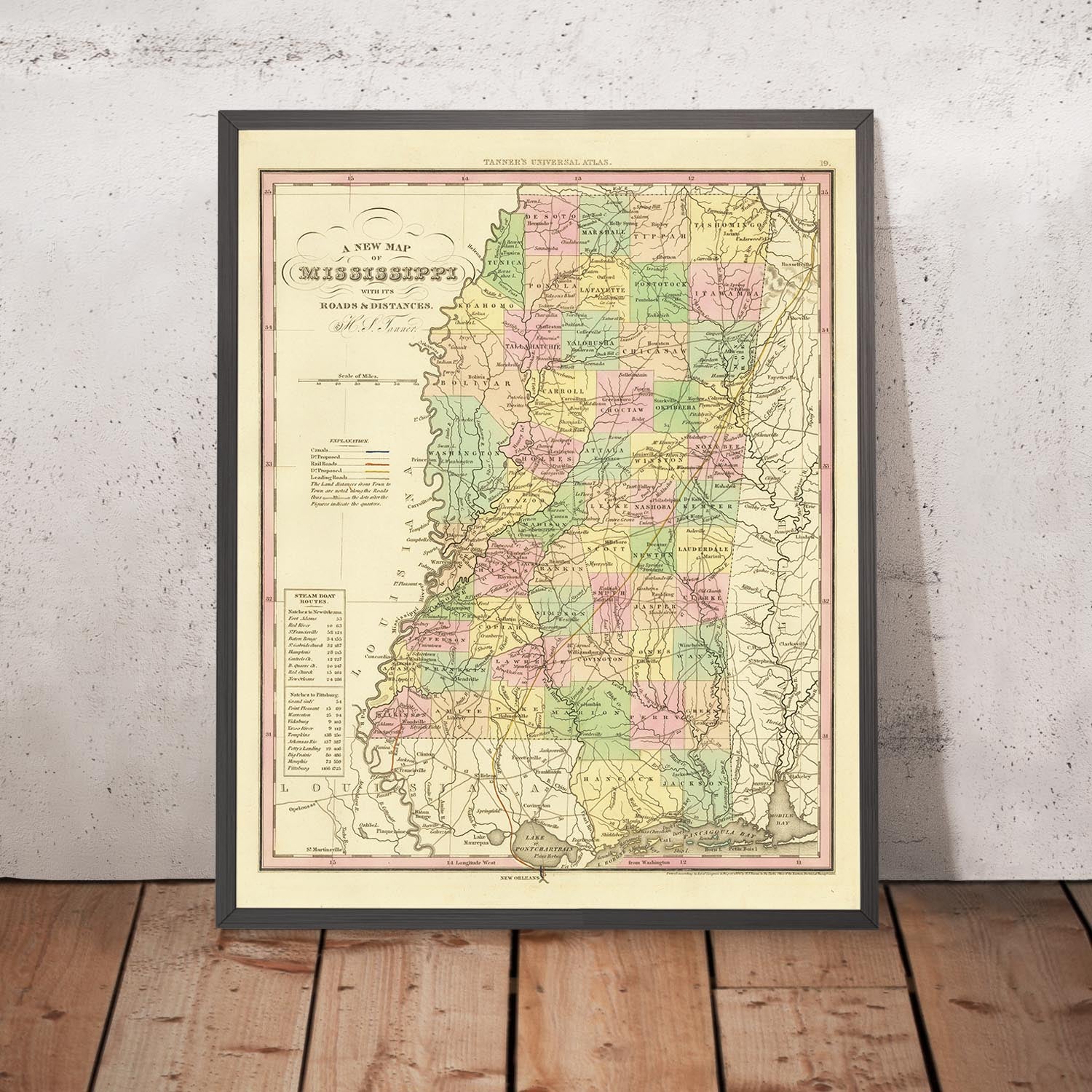 Old Map of Mississippi by H.S. Tanner, 1836: Jackson, Gulfport, Southaven, Biloxi, Tupelo, Roads, Railway, Canals