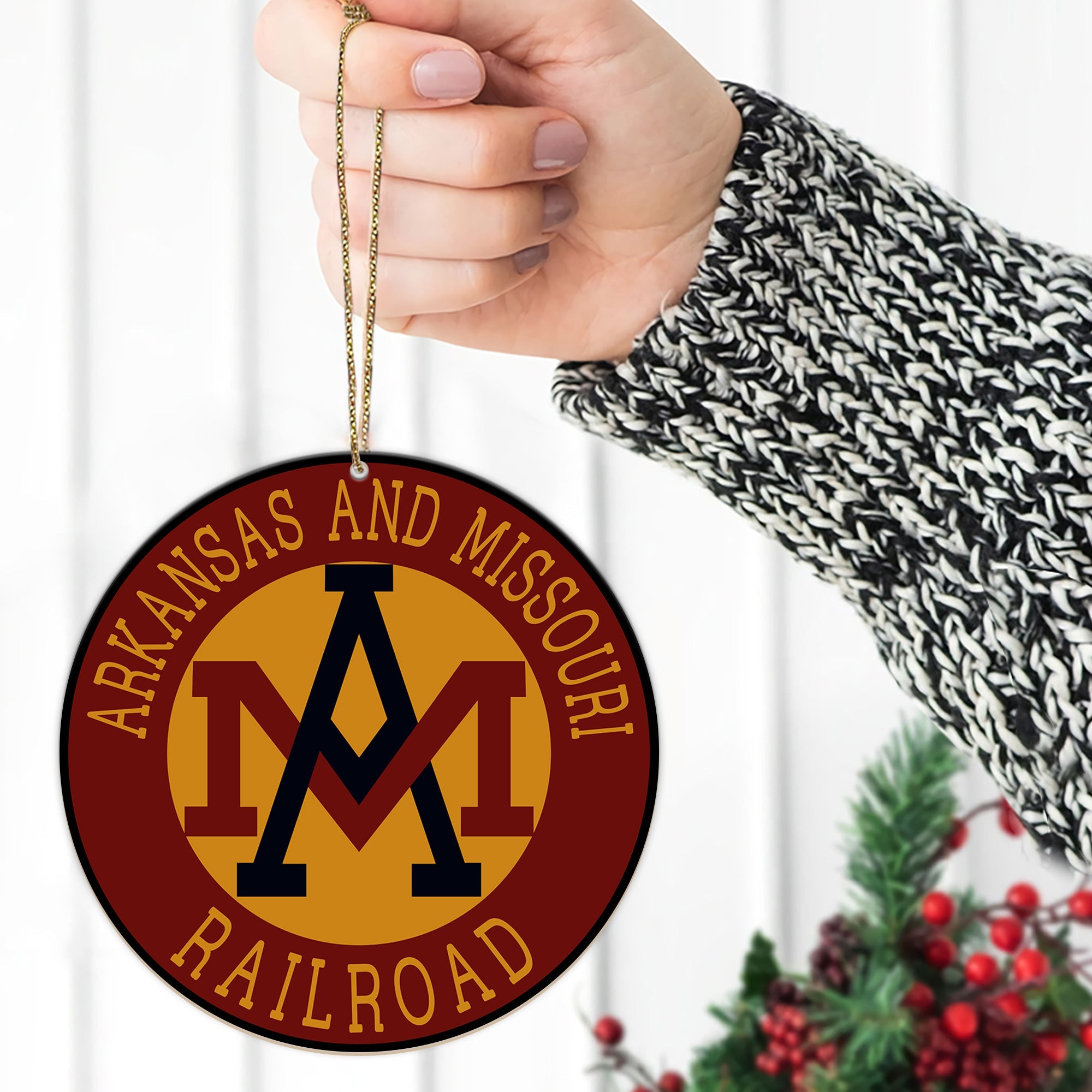 Arkansas and Missouri Railroad Ornament, Vintage Train Logo Round Christmas Tree Decoration, Retro Railway Gift Idea