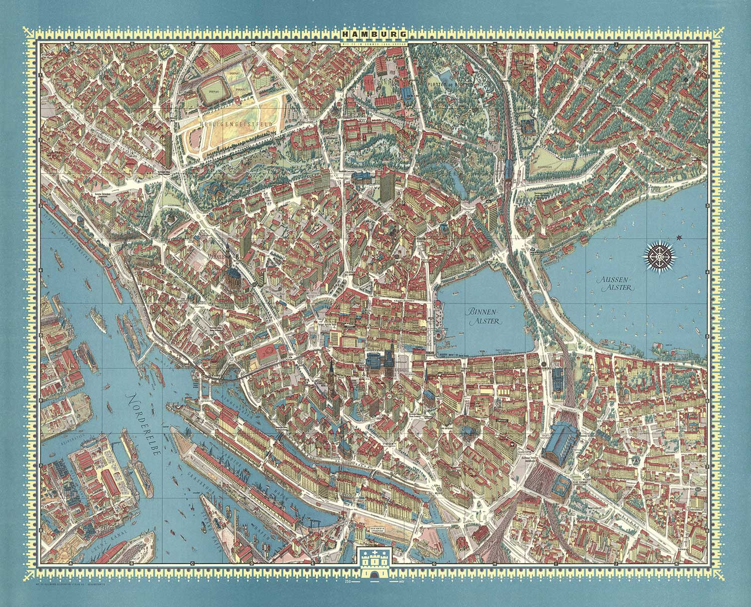 Old Map of Hamburg in 1964 by Hermann Bollman - Binnenalster, Alster Lakes, Heiligengeistfeld, Planten un Blomen, Central Station
