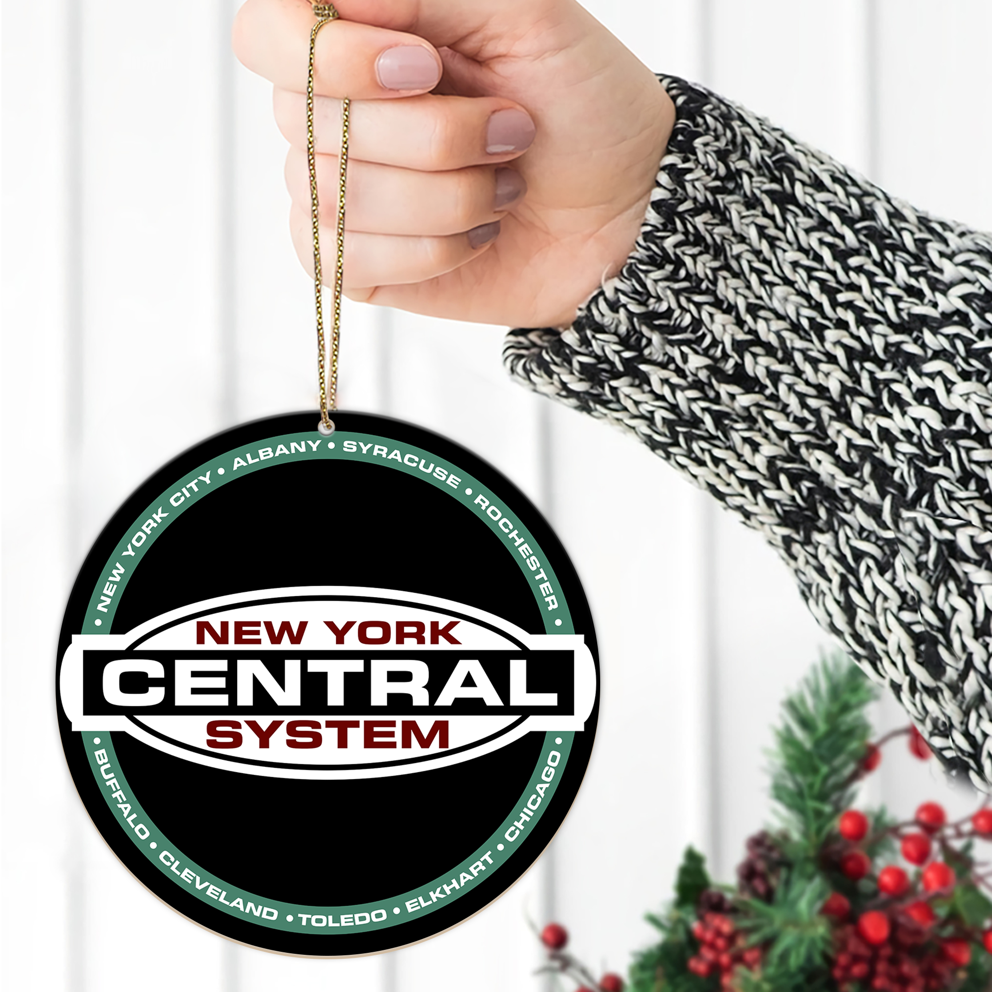 New York Central Railroad Ornament, Vintage Train Logo Round Christmas Tree Decoration, Retro Railway Gift Idea