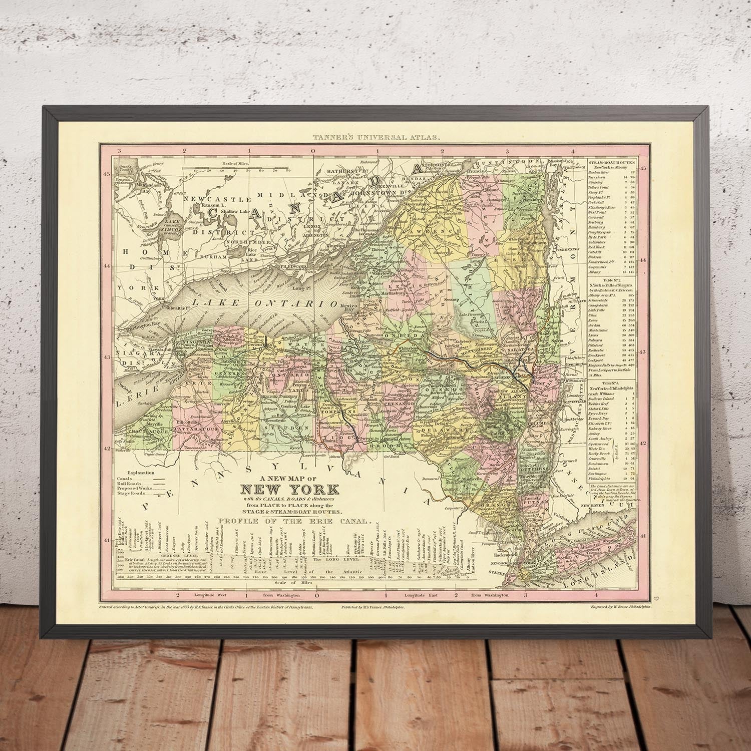 Old Map of New York State by H. S. Tanner, 1836: New York City, Buffalo, Rochester, Yonkers, Syracuse, Roads, Railway, Canals