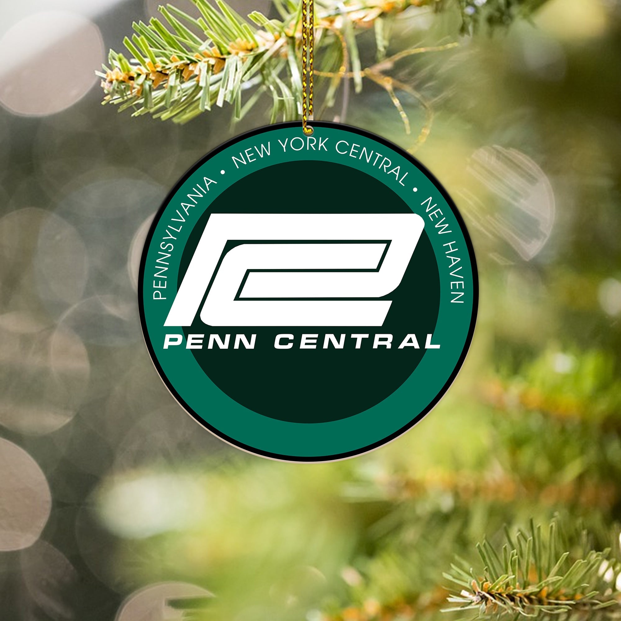 Penn Central Railroad Ornament, Vintage Train Logo Round Christmas Tree Decoration, Retro Railway Gift for Collectors