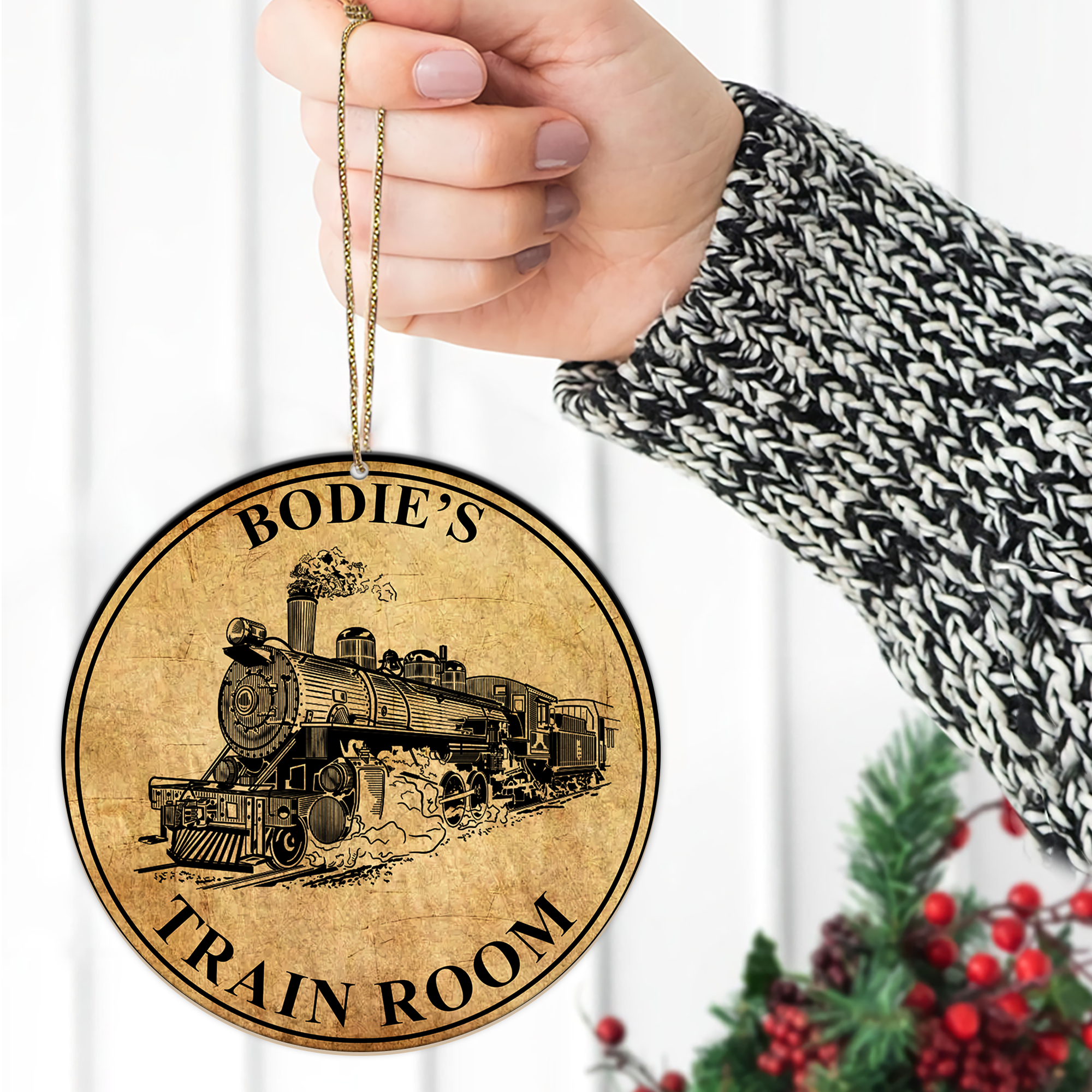 Steam Locomotive Train Room Ornament, Personalized Vintage Railroad Round Christmas Decoration for Family Gift