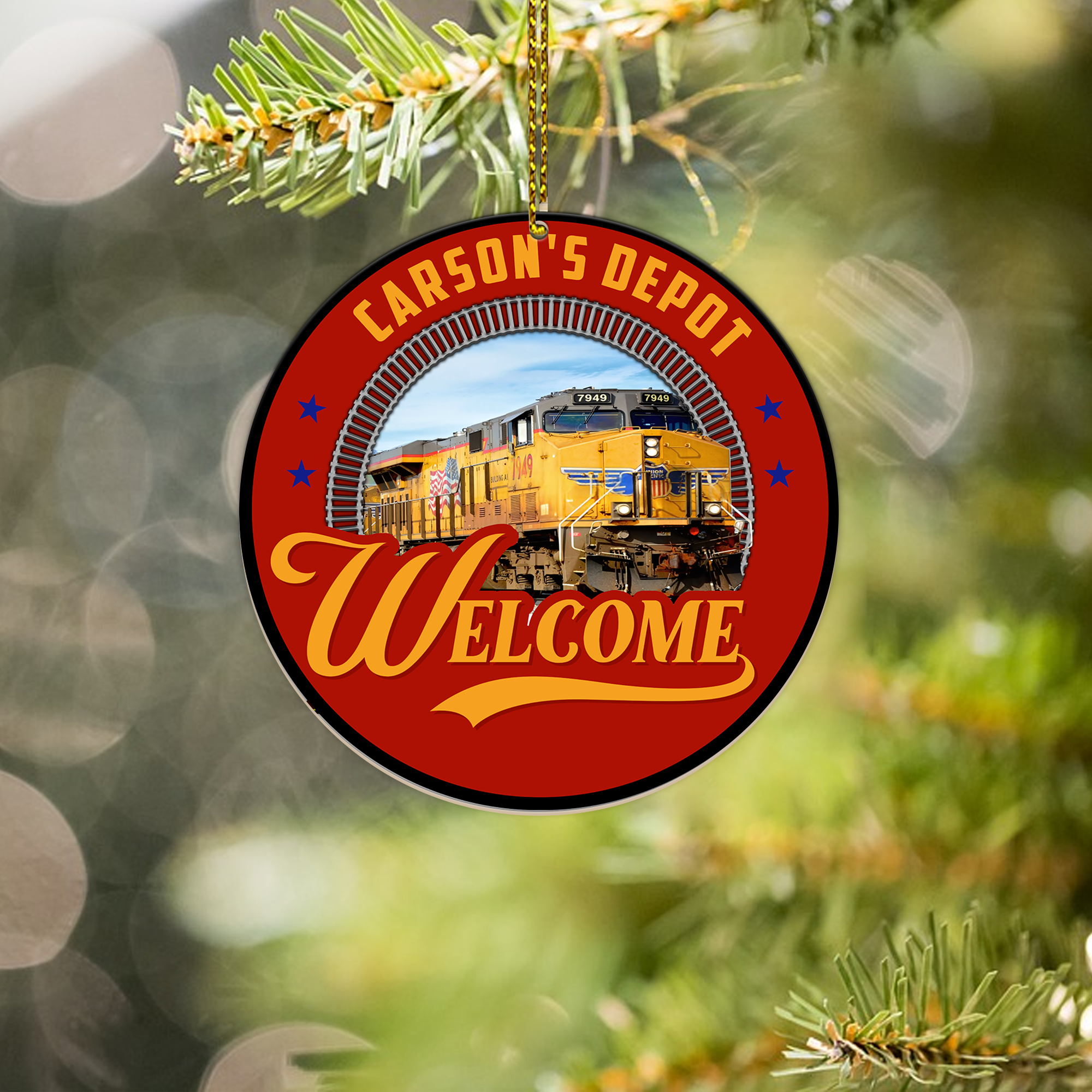 Personalized Union Pacific Train Depot Ornament, Personalized Vintage Railroad Round Christmas Decoration for Family Gift