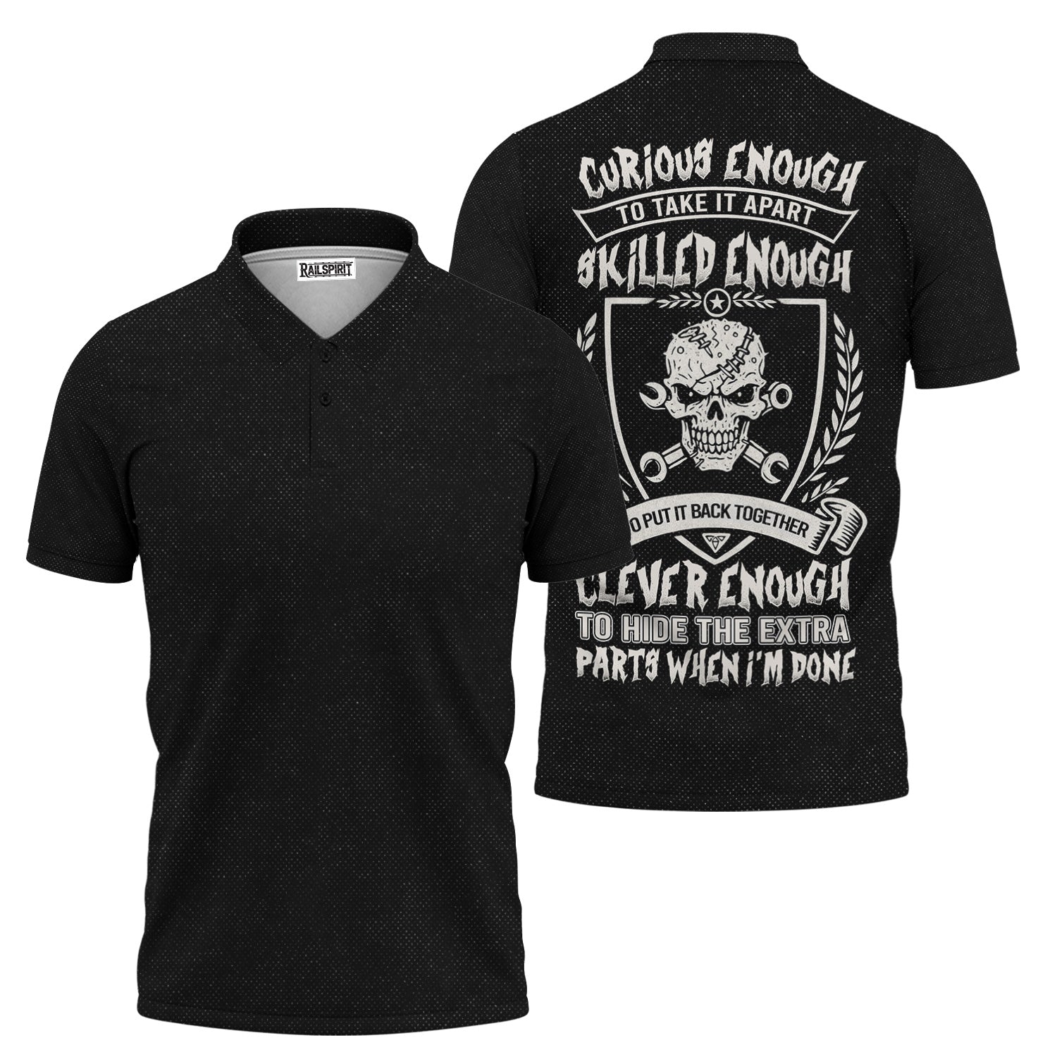 Curious Enough to Take It Apart Mechanic Shirt, Funny Skilled Mechanic Polo with Skull & Wrenches, Clever Enough to Hide Extra Parts