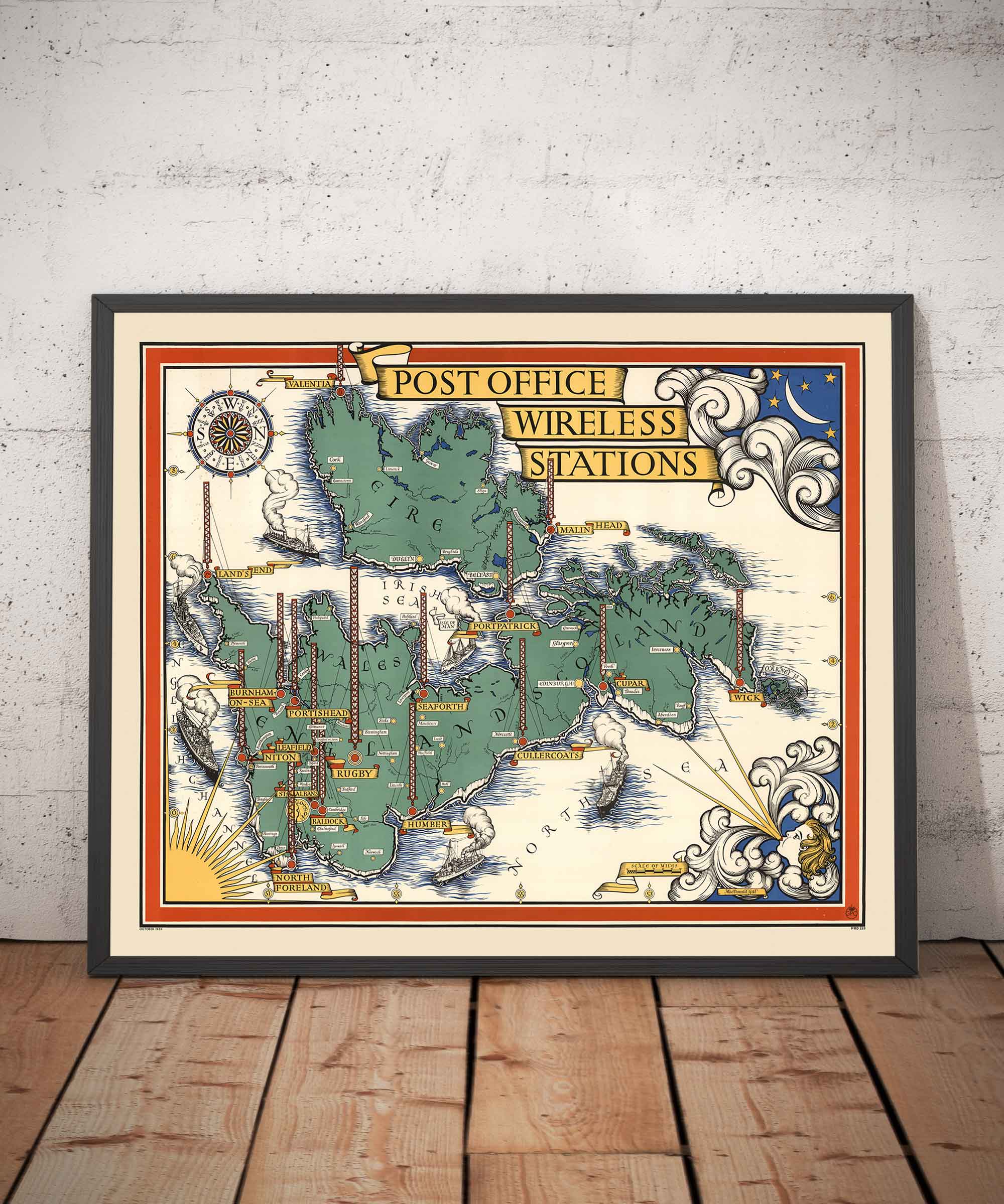Old Pictorial Map of the Post Office Wireless Stations by Macdonald Gill in 1939 - British Isles, GPO, Radio, Television,  Telegram