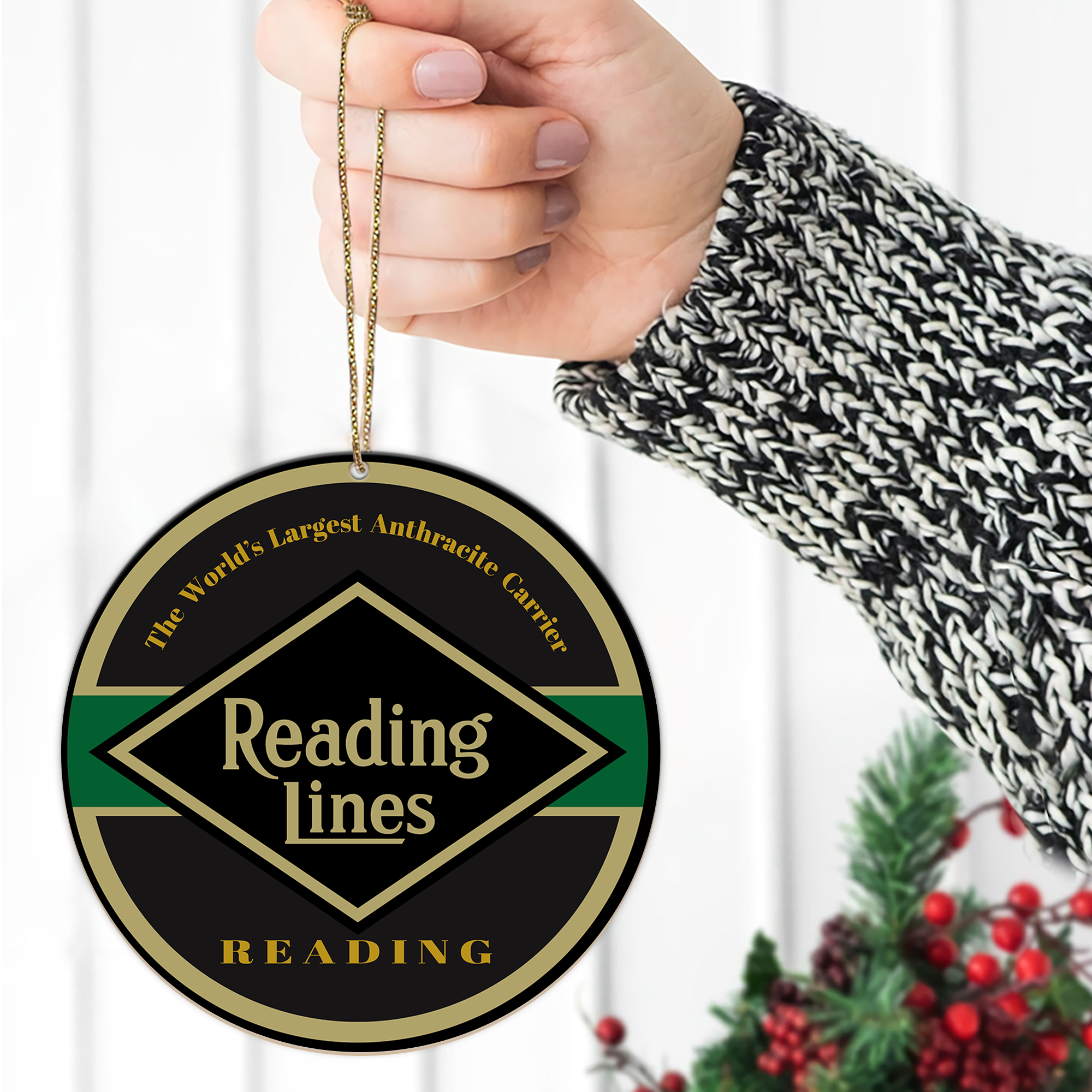 Reading Railroad Ornament, Vintage Train Logo Round Christmas Tree Decoration, Retro Railway Gift for Train Lovers