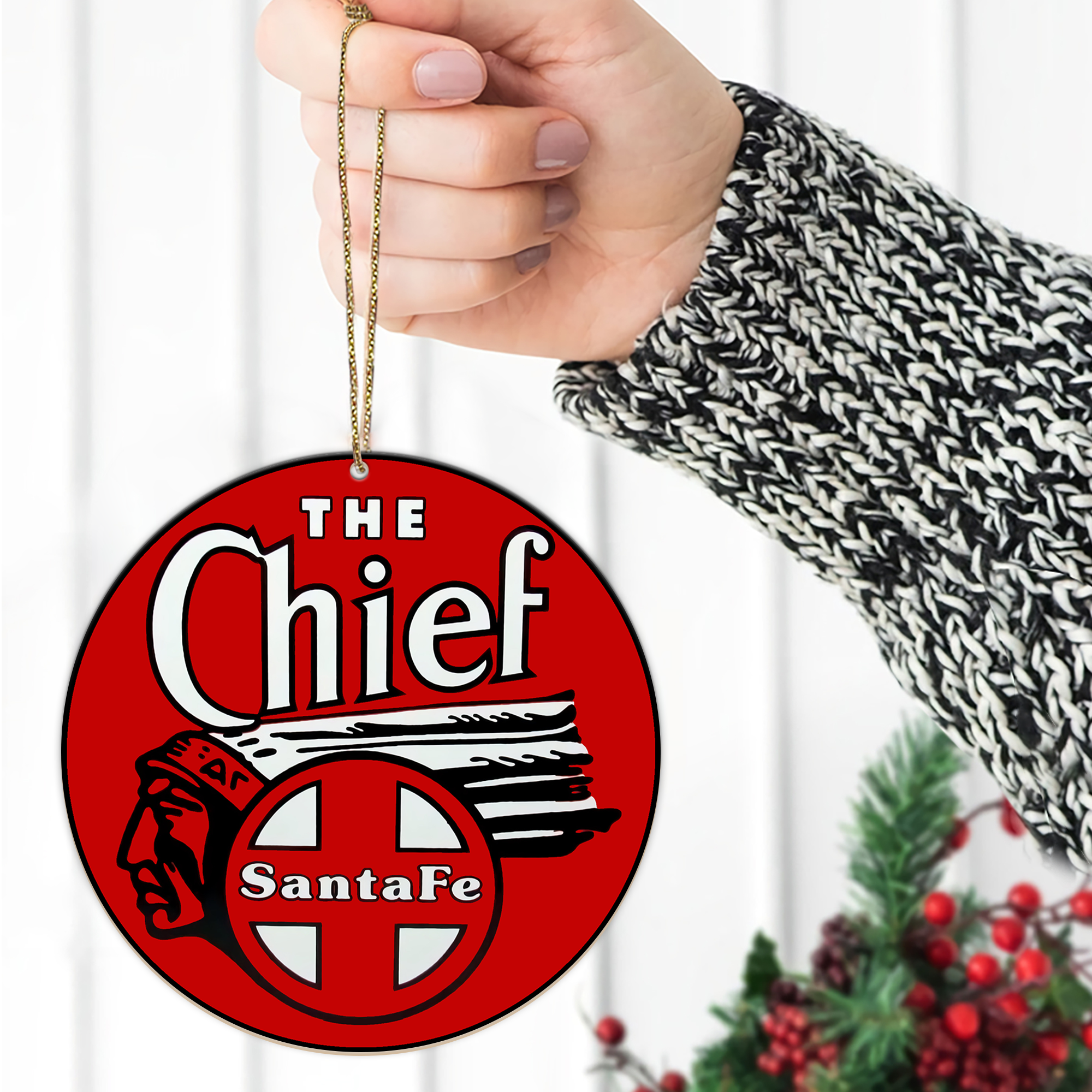 Santa Fe The Chief Railroad Ornament, Retro Train Logo Round Christmas Decoration, Vintage Railway Gift Idea