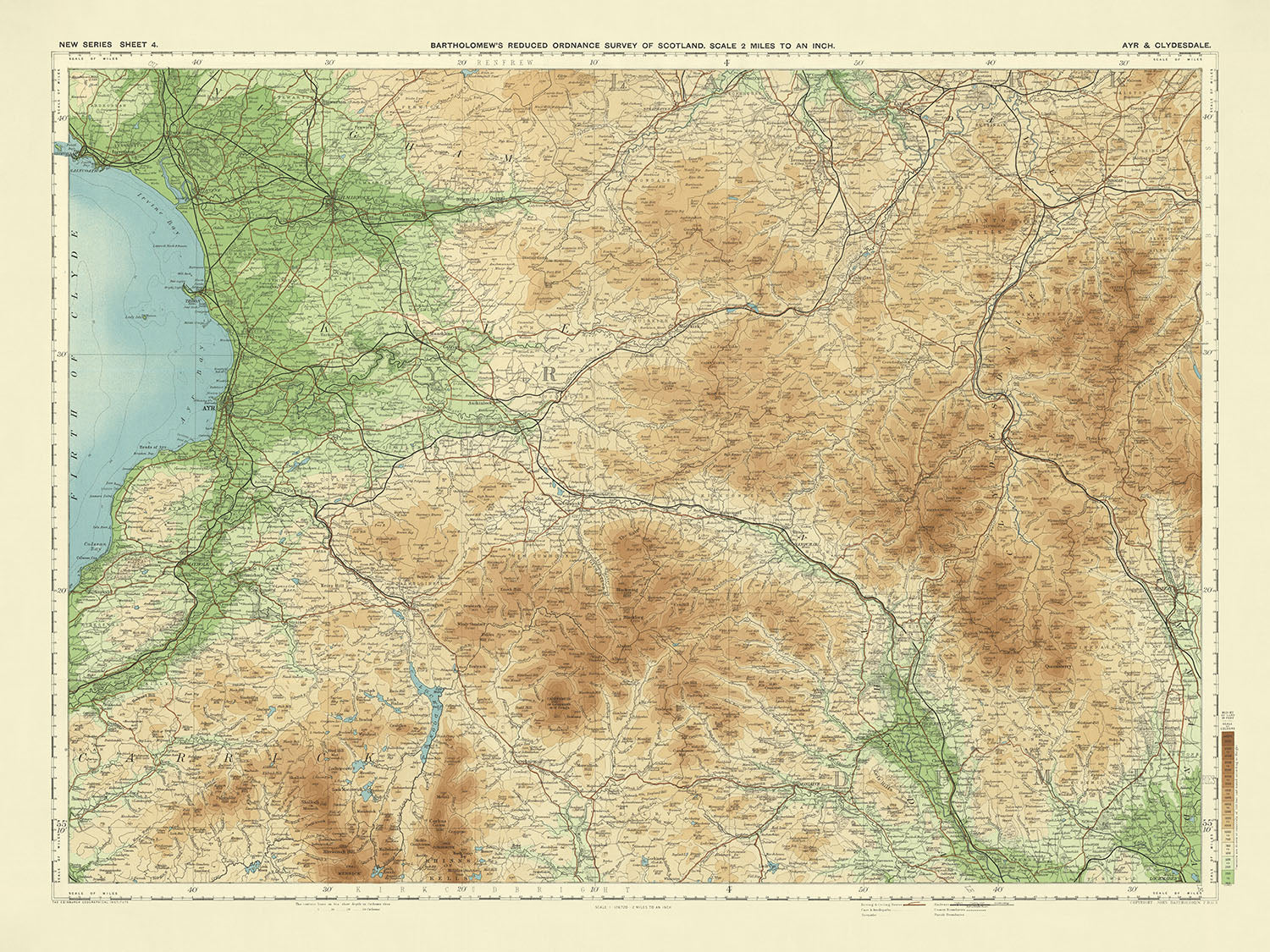 Old OS Map of Ayrshire & Clydesdale by Bartholomew, 1901: Kilmarnock, Irvine, Clyde, Uplands, Railways, Relief