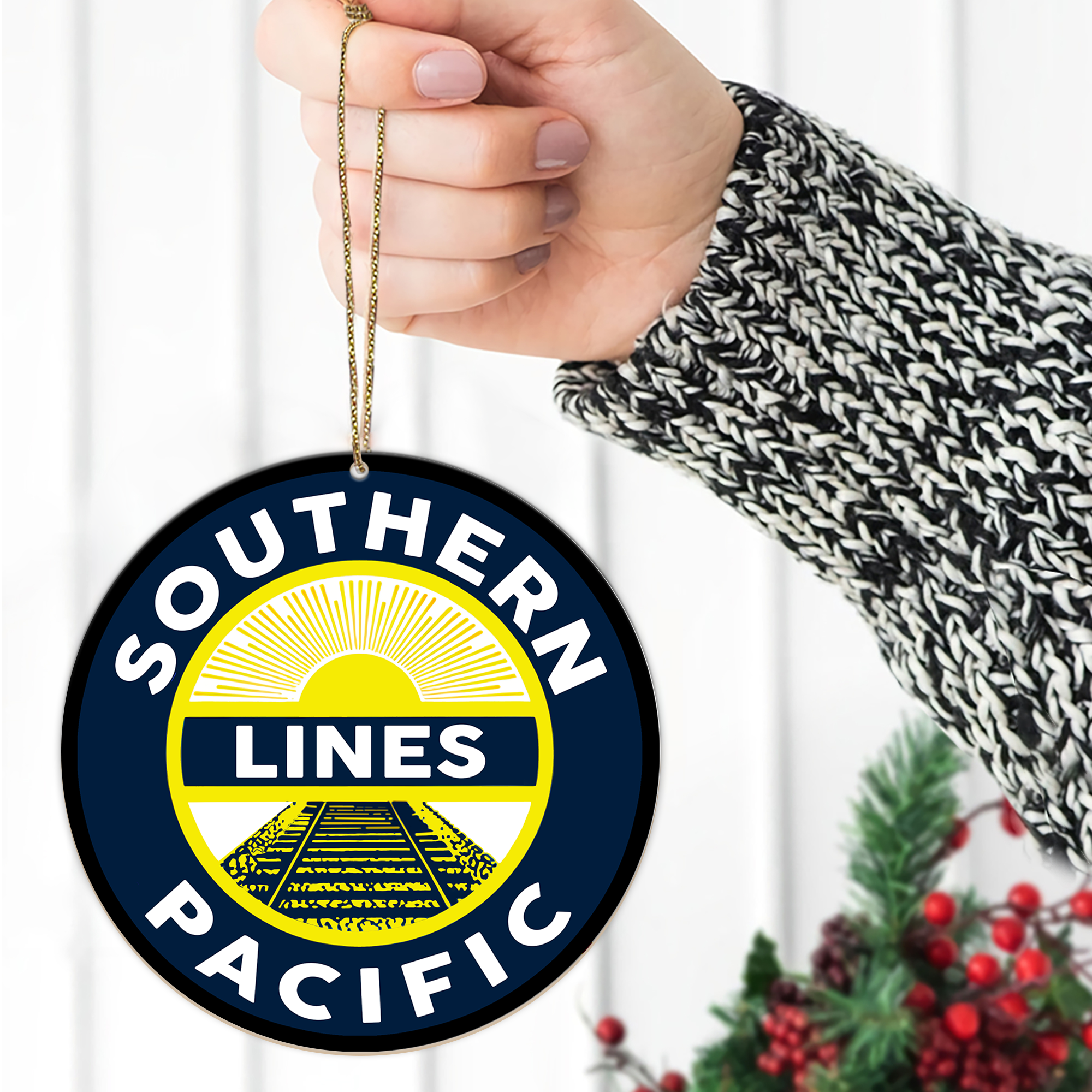 Southern Pacific Blue Railroad Ornament, Vintage Train Logo Round Christmas Decoration for Collectors and Fans