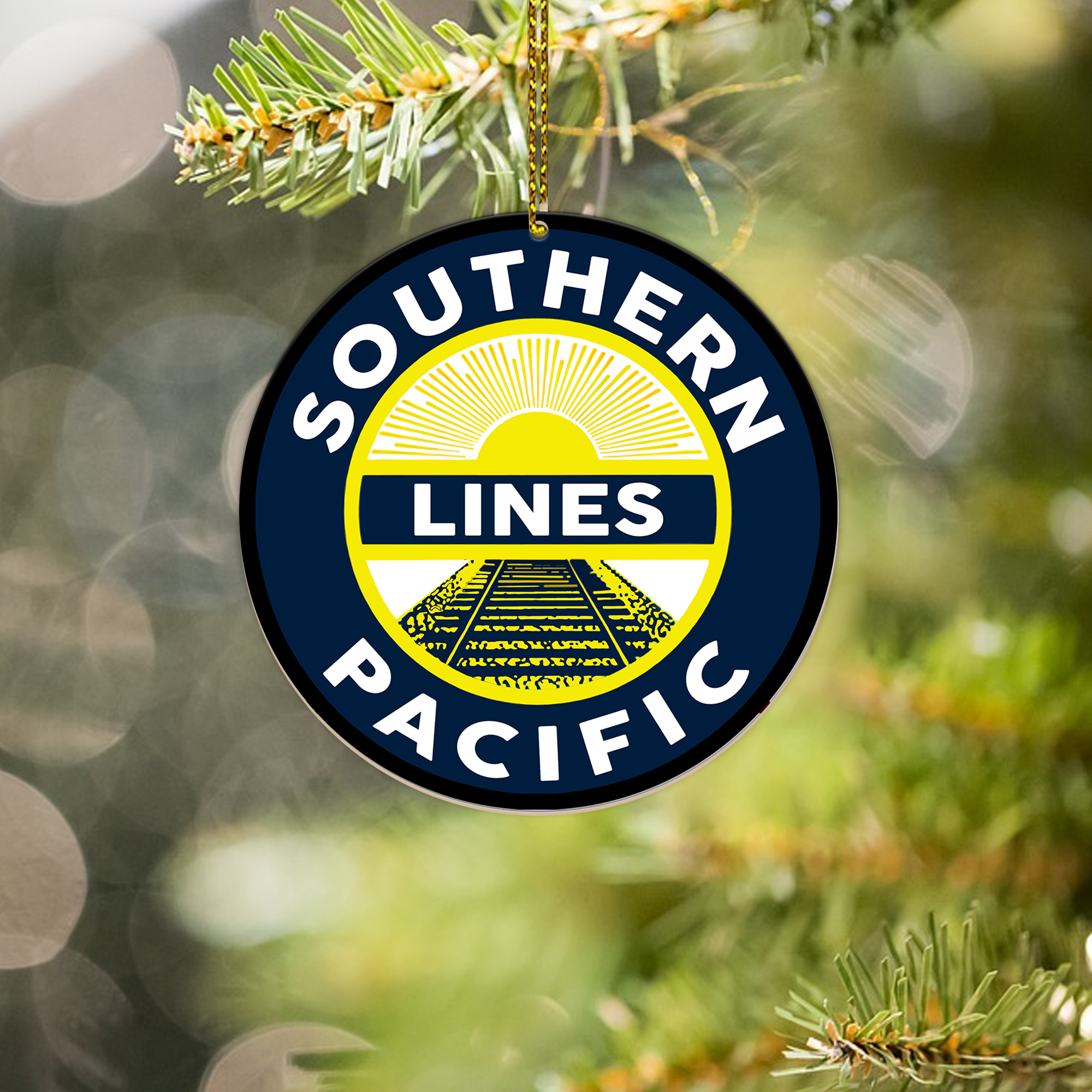 Southern Pacific Blue Railroad Ornament, Vintage Train Logo Round Christmas Decoration for Collectors and Fans