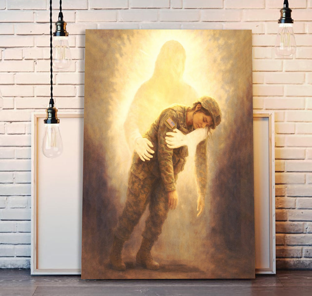 Jesus Holding US Soldier Canvas Wall Art, Christian Military Canvas for Veterans & Faith Home Decor Gift For Veteran Home Decor