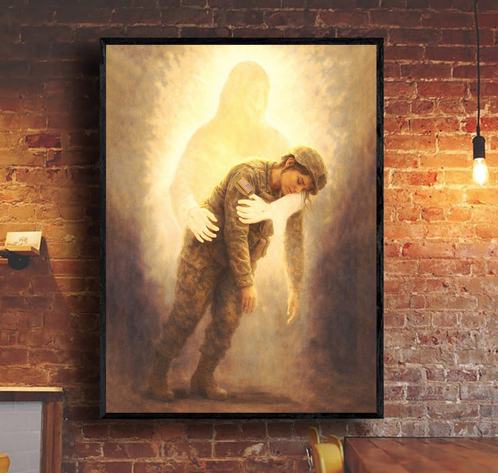 Jesus Holding US Soldier Canvas Wall Art, Christian Military Canvas for Veterans & Faith Home Decor Gift For Veteran Home Decor