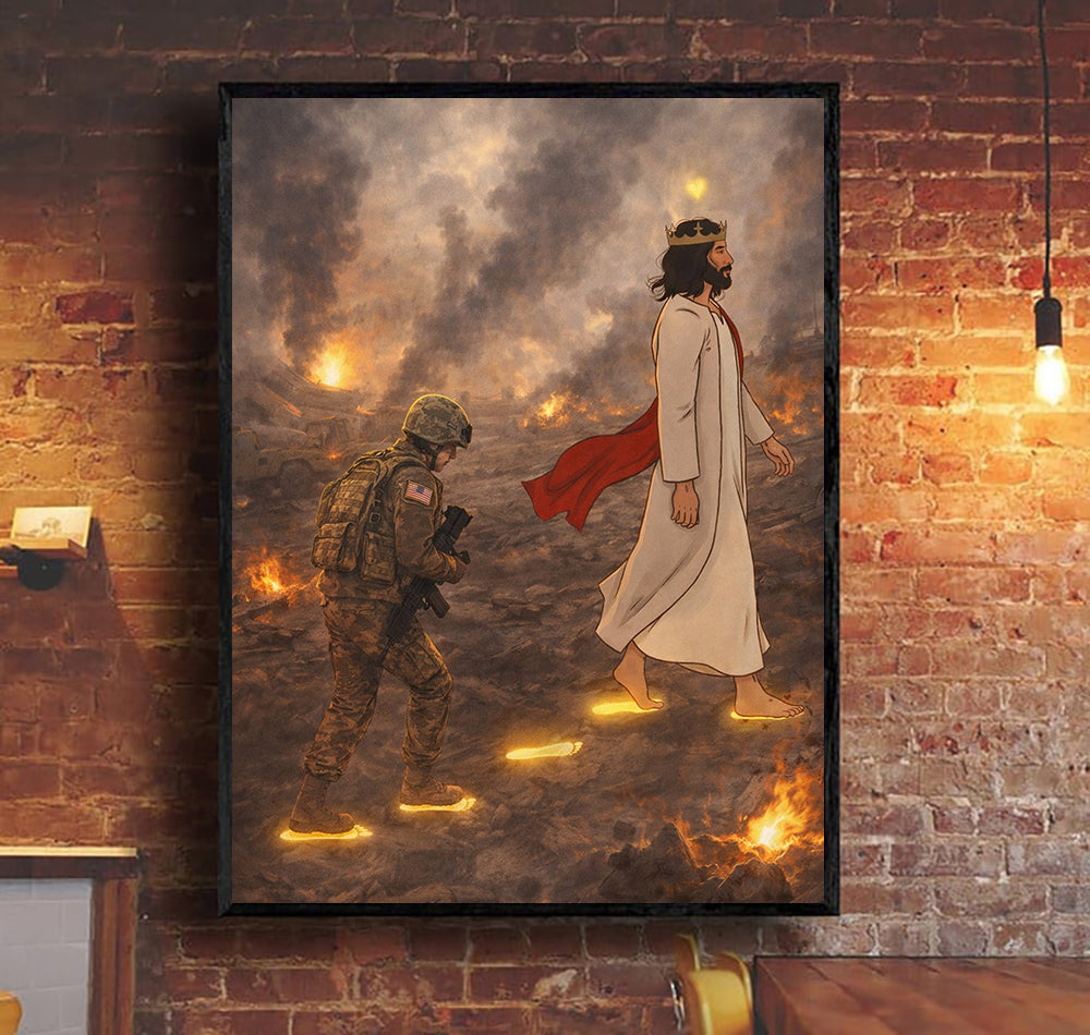 Follow in Jesus’ Steps Soldier Canvas Wall Art, Christian Military Canvas for Veterans, Faith Home Decor Gift