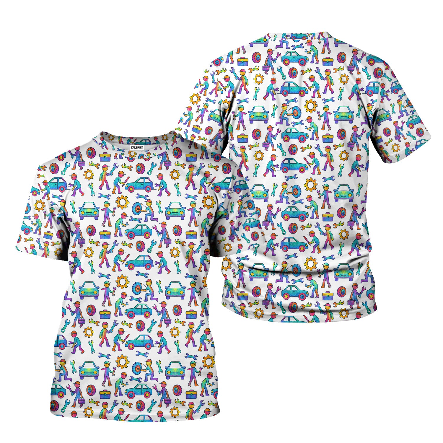 Colorful Mechanic Pattern Shirt Auto Repair Tools Cars Garage Workwear Tee Funny Car Lover Gift Unique Full Print Graphic T-Shirt for Men