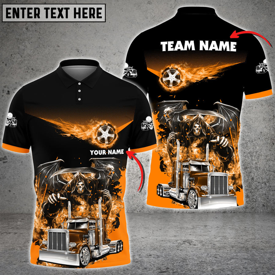 Personalized Name Truck Chasing Flame Skeleton Multicolor Polo Shirt, Gift For Truck Driver, Best Shirt For Trucker