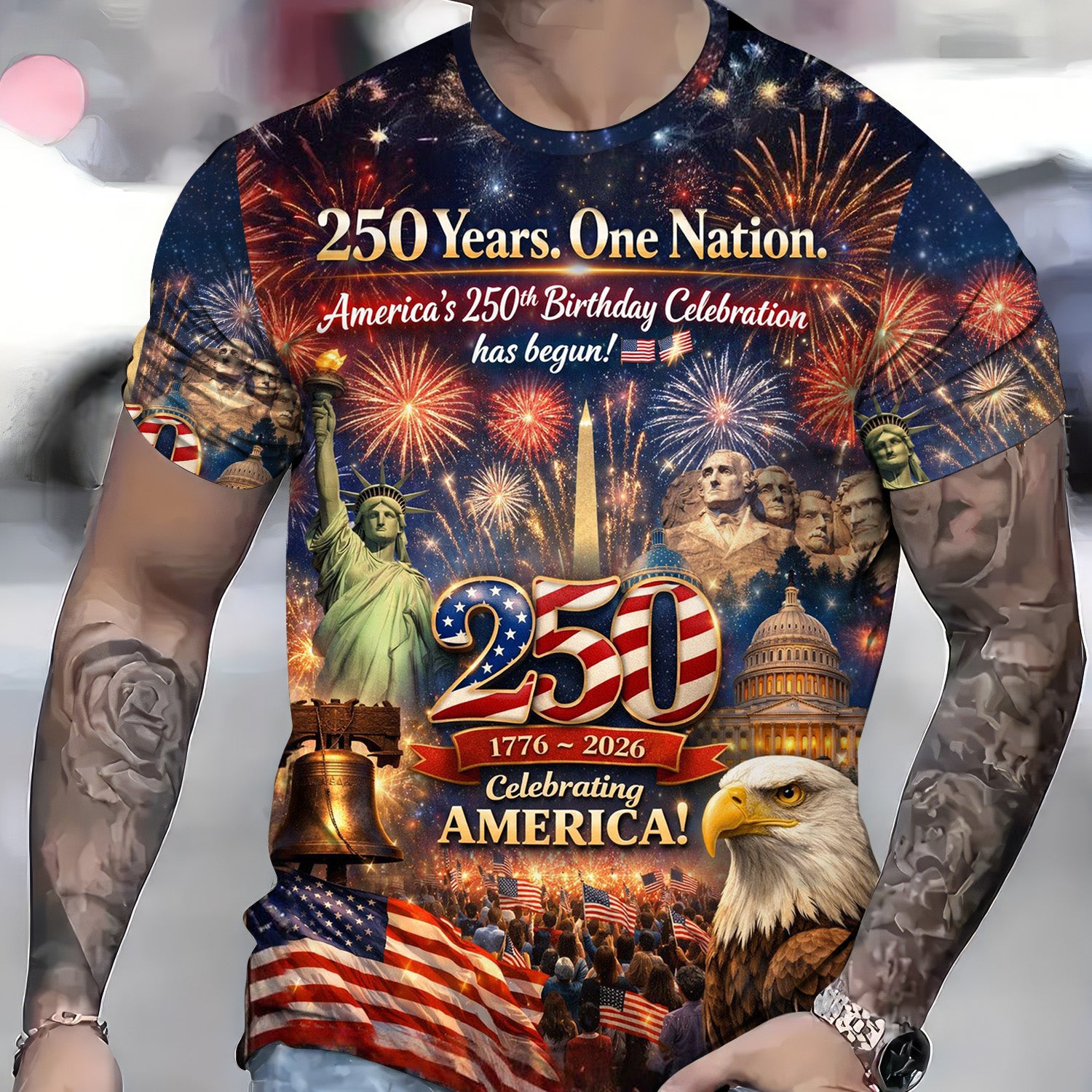 USA 250th Anniversary T Shirt 1776–2026 All Over Print Patriotic American Eagle Flag Independence Day Tee Gift Ideas For Men