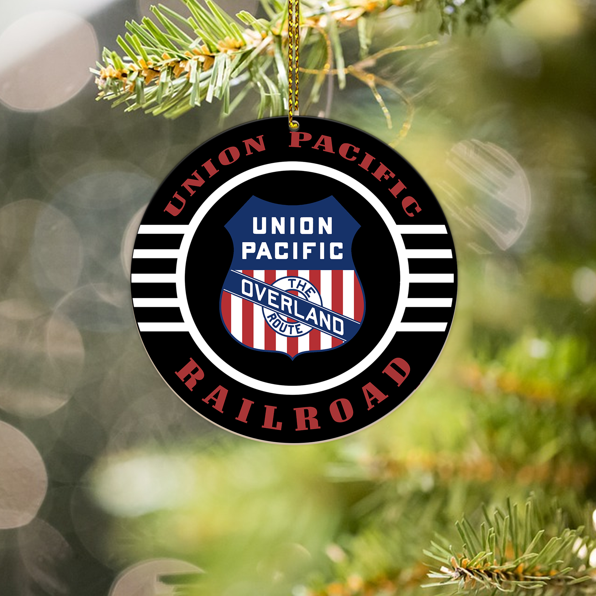 Union Pacific Overland 1912 Railroad Ornament, Vintage Train Logo Round Christmas Decoration for Railway Enthusiasts