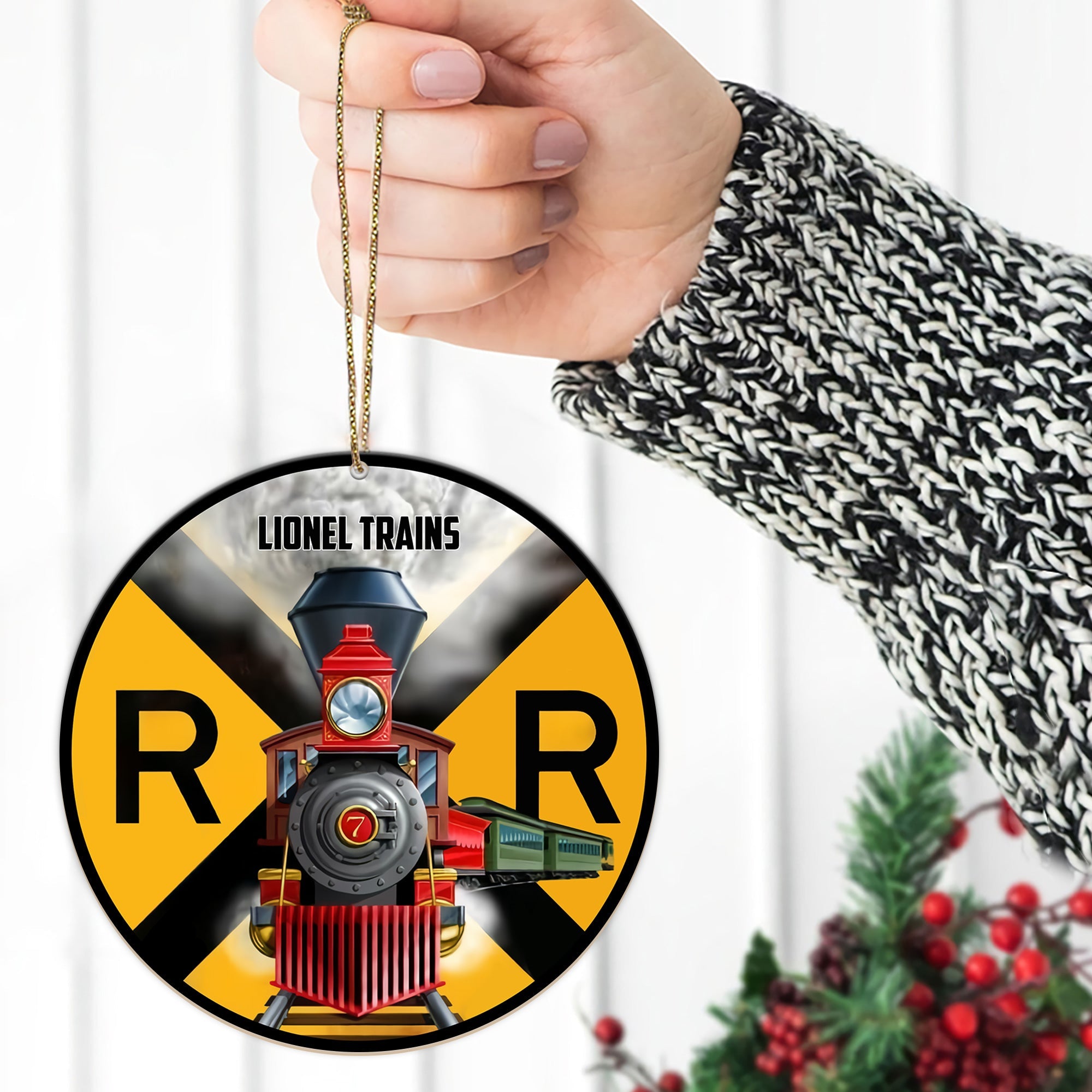 Lionel Trains Ornament, Vintage Railroad Crossing Logo Christmas Decoration, Gift for Train Lovers and Collectors