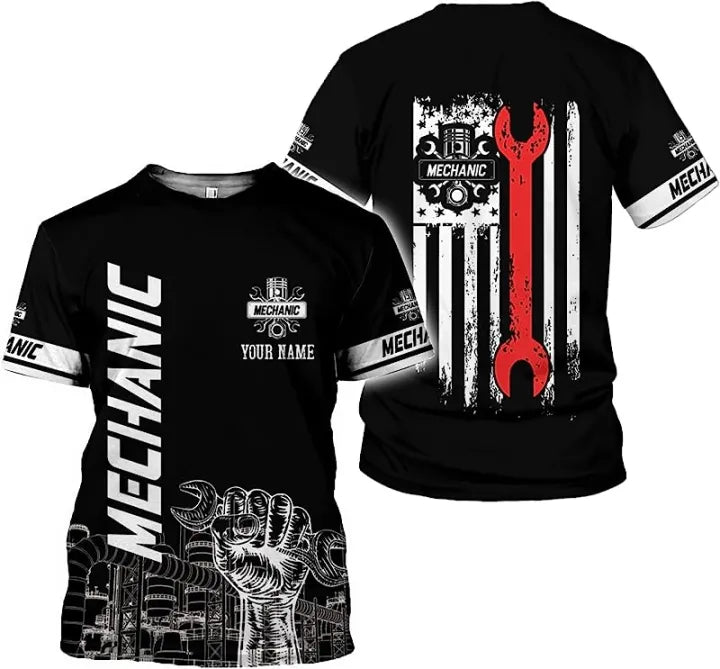 Personalized Mechanic T-Shirt, Wrench & American Flag Design, Perfect Gift for Mechanics, Unique Mechanic Apparel