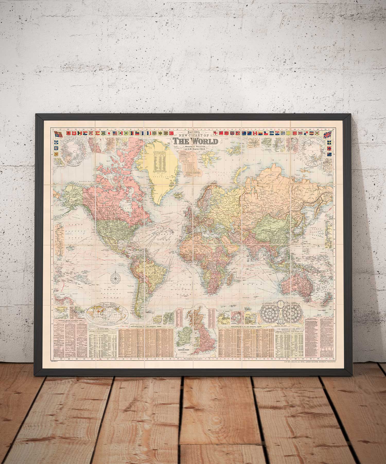 Old World Map by Bacon, 1908 - Large Rare Atlas - Shipping Lanes, Merchant Navy, Railways, British Empire