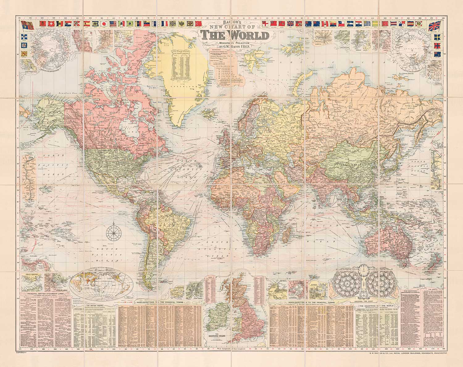 Old World Map by Bacon, 1908 - Large Rare Atlas - Shipping Lanes, Merchant Navy, Railways, British Empire