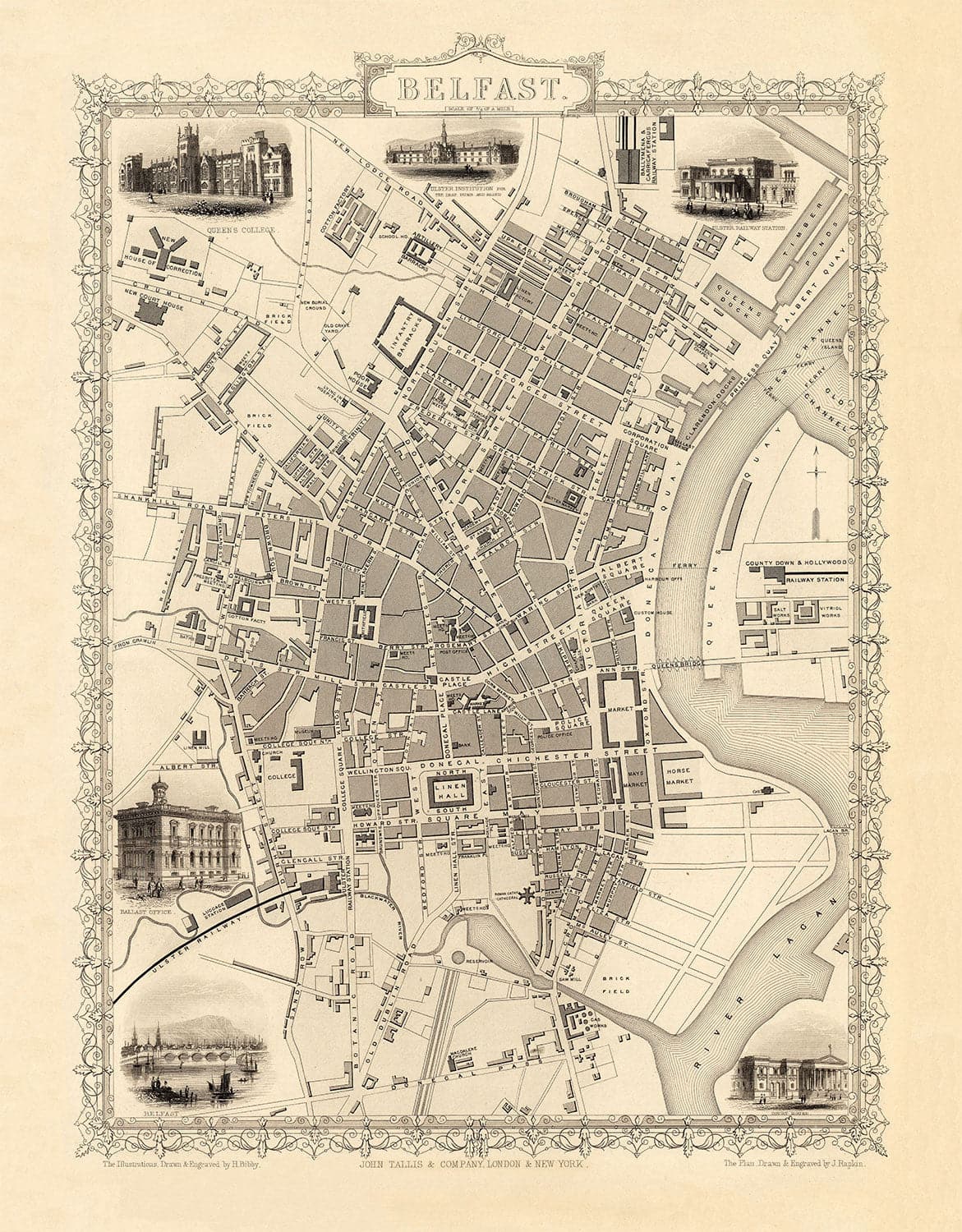 Old Map of Belfast, Ireland in 1851 by Tallis & Rapkin - Queens College, Ulster Railway Station, Ballast Office,