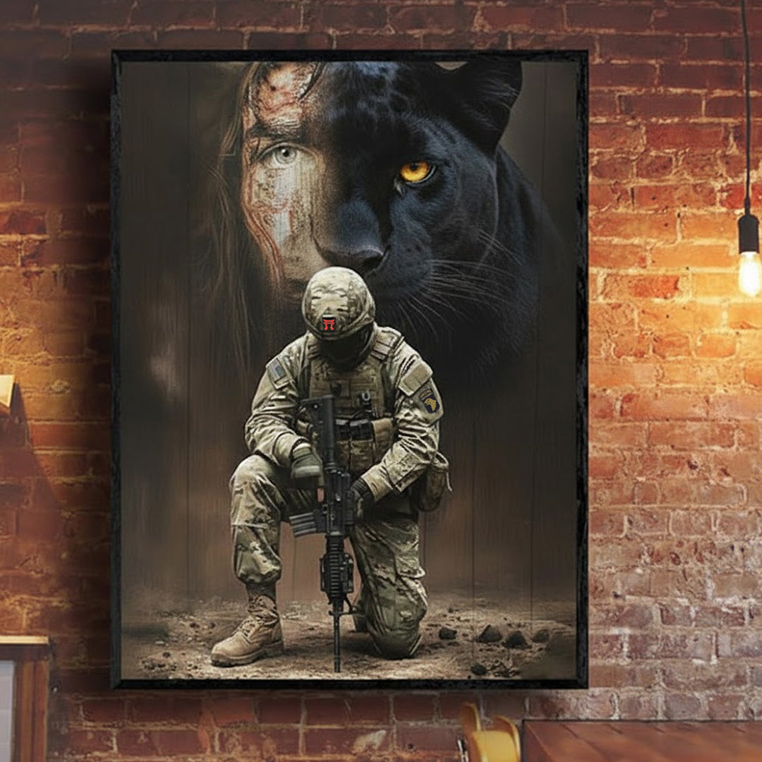 Jesus Panther Behind The Soldier Canvas Wall Art, Christian Military Canvas for Veterans