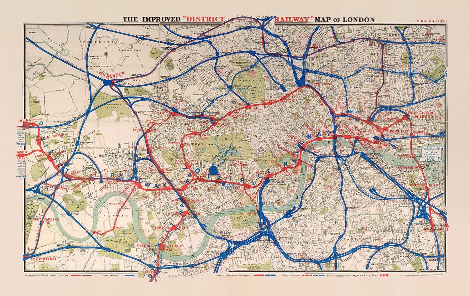 Old London District Railway Map, 1884, Third Edition - Early Underground Piccadilly, Circle, District Tube Map