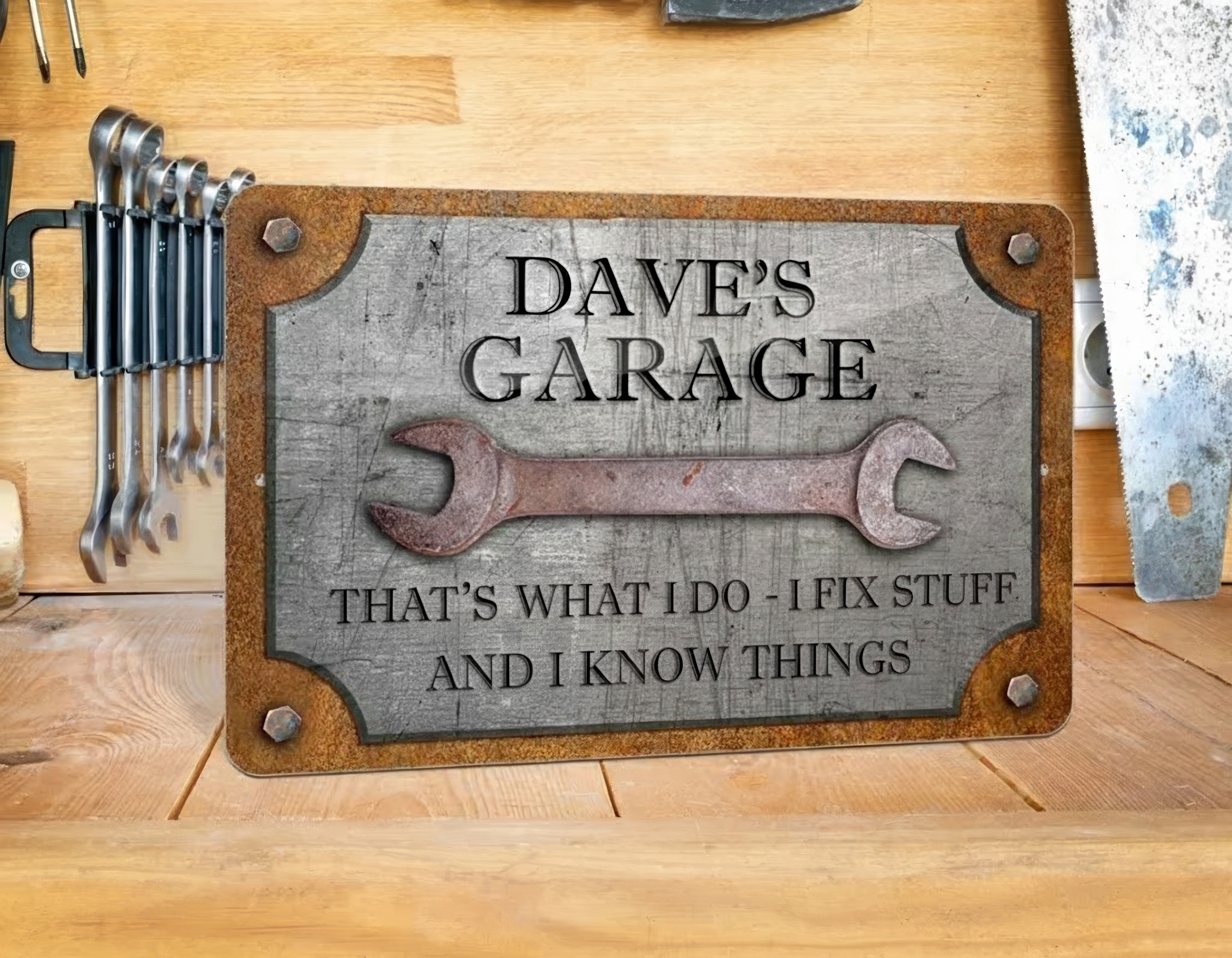 Personalized Garage Sign, Funny Garage Decor, I Fix Stuff And I Know Things Sign Workshop Sign, Custom Garage Sign, Fathers Day Gift, Gifts for Dad Him