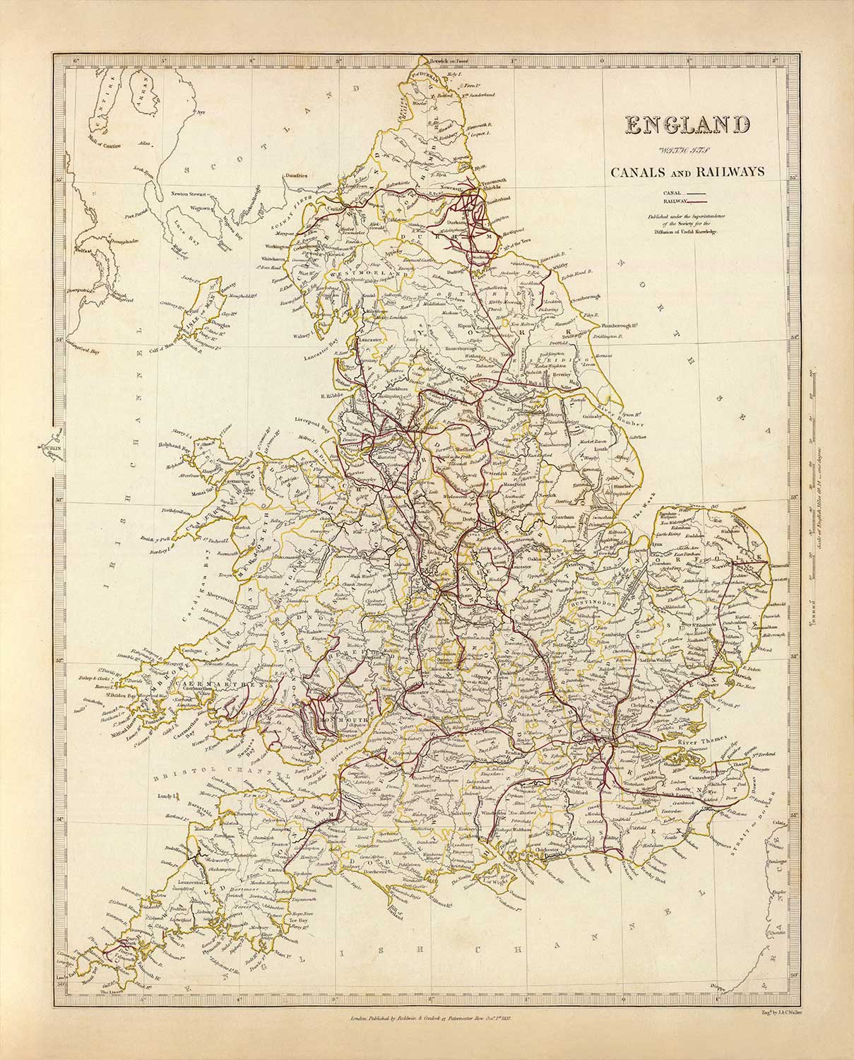 Old Map of the Railways and Canals in England and Wales in 1837 by SDUK - Transport, Railroads, National Rail, Rivers