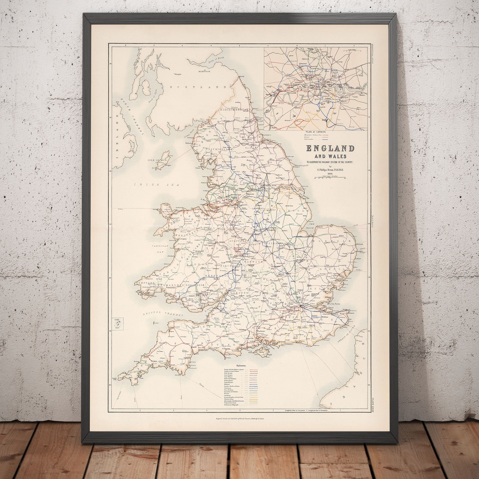 Old Railway Map of England & Wales in 1881 by AK Johnston - Great Western, Eastern, Northern, Midland, London & North Western