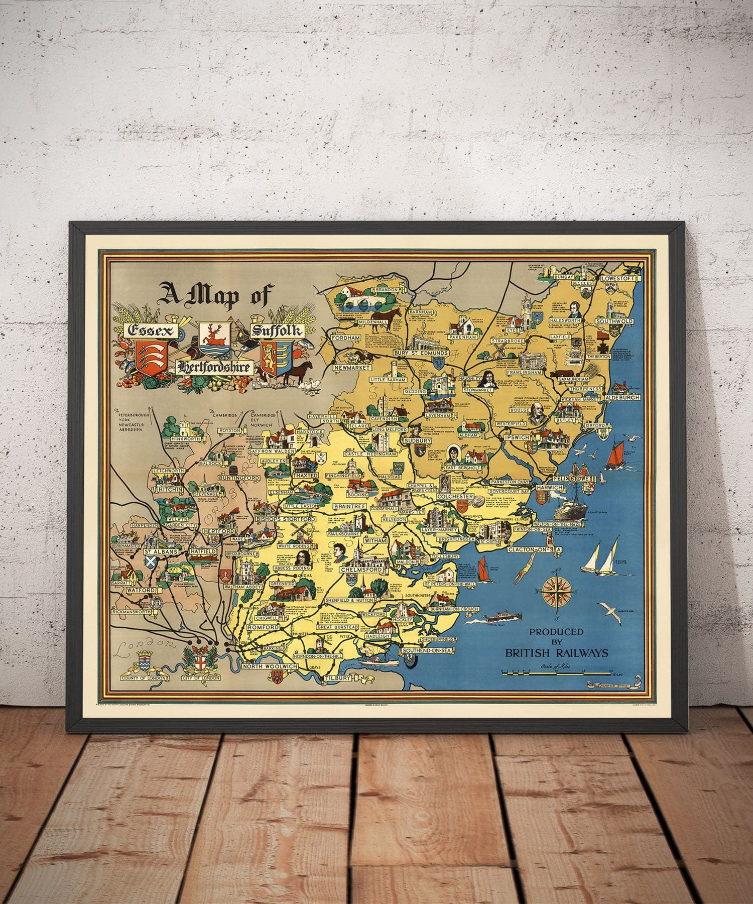 Old Map of Essex, Suffolk, Hertfordshire, 1948 - British Railway Pictorial Chart - Colchester, Southend, St Albans