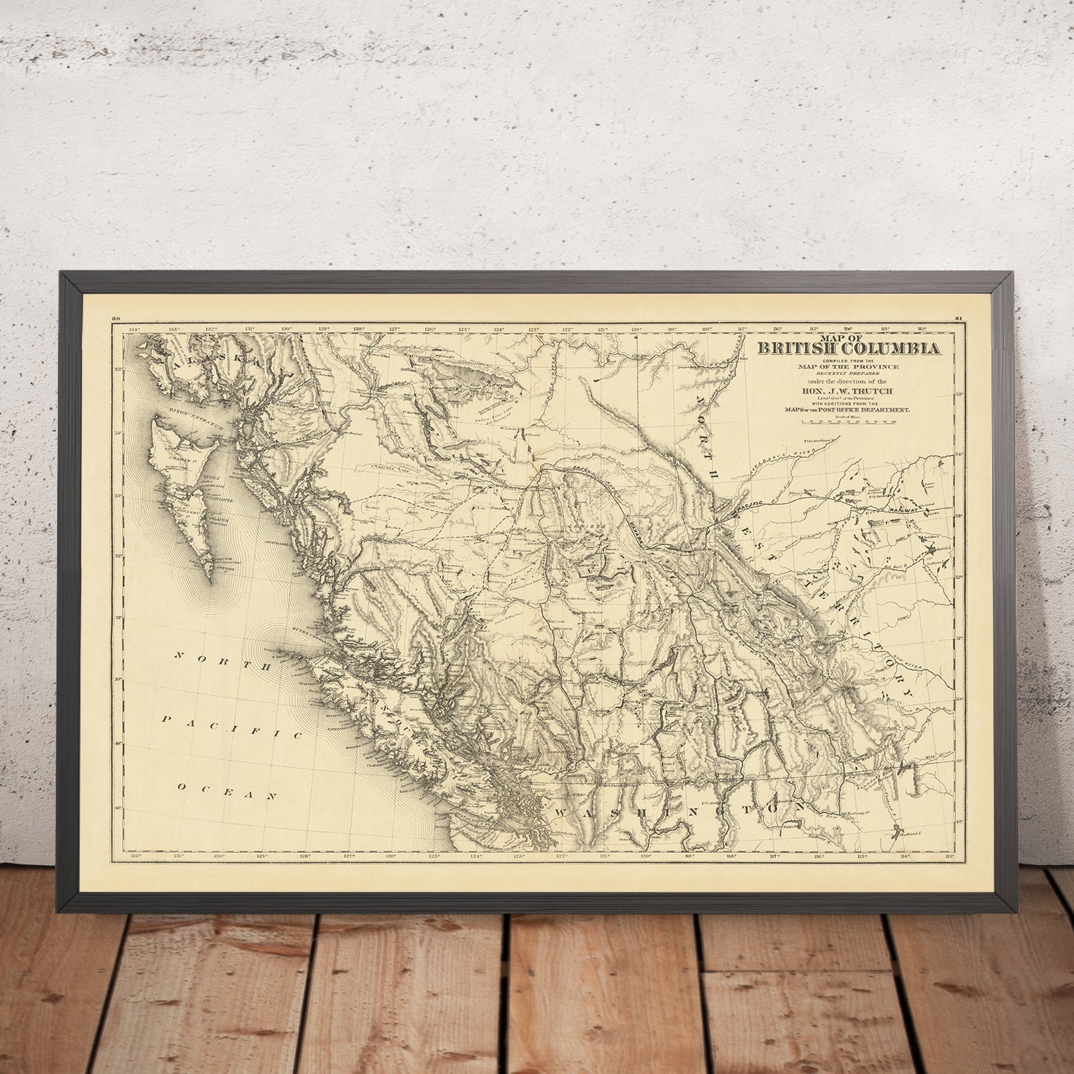 Old Railway Map of British Columbia by Trutch, 1878: Vancouver, Victoria, CPR Routes, Fraser River, Rockies