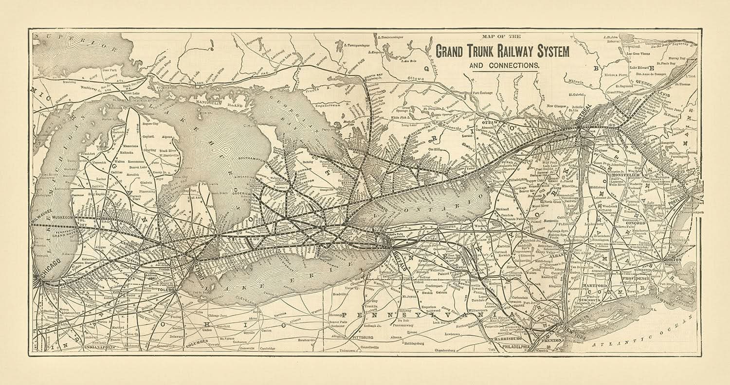 Old Map of the Grand Trunk Railway, 1898: Toronto, Chicago, Niagara Falls, Ontario, Quebec