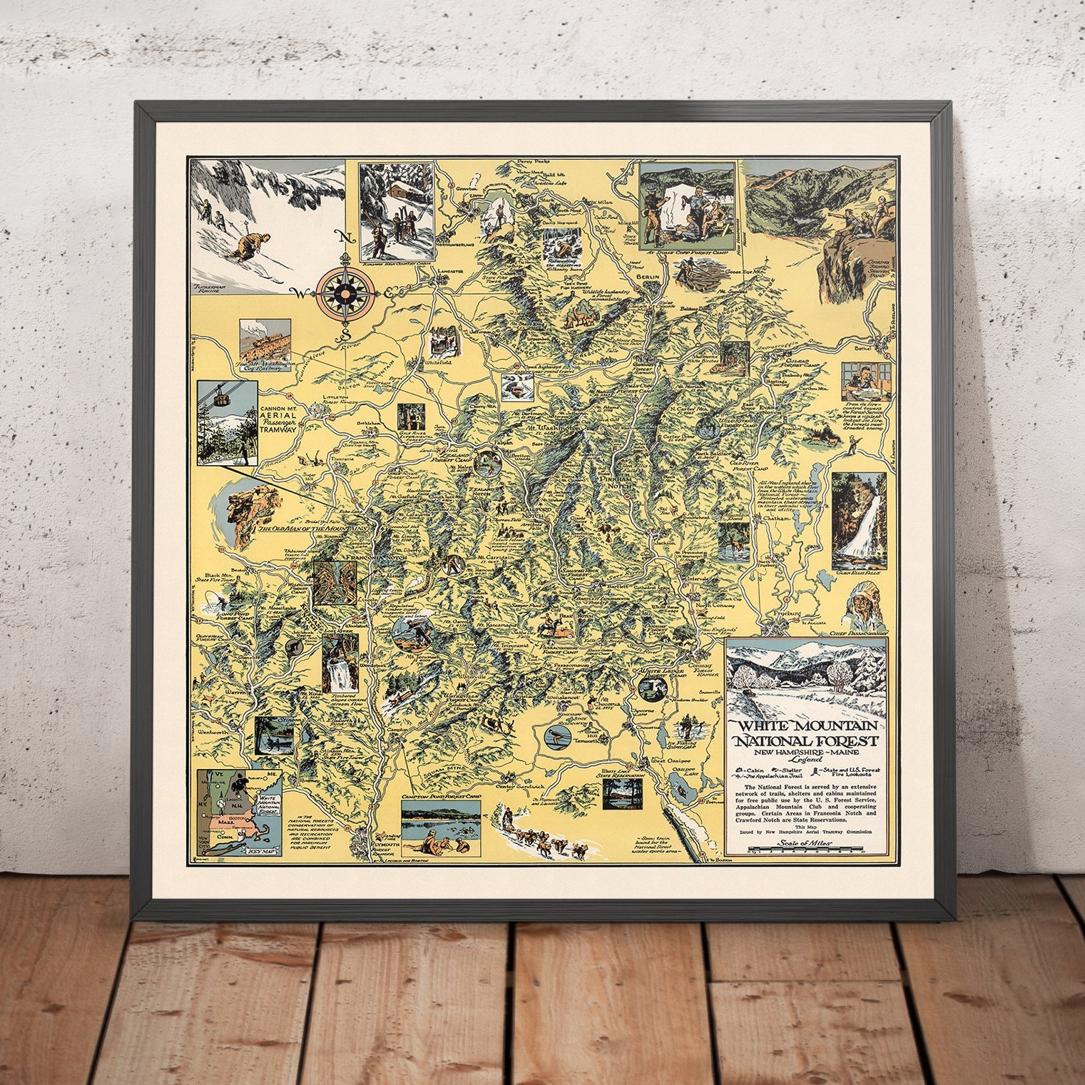 Old Pictorial Map of White Mountain National Forest, 1930: Cannon Mt., Appalachian Trail, Franconia Notch, Mt. Washington, Conway