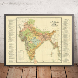 Large Old Railway Map of India by Judd, 1890: Mumbai, Delhi, Kolkata, Ganges River, Himalayas