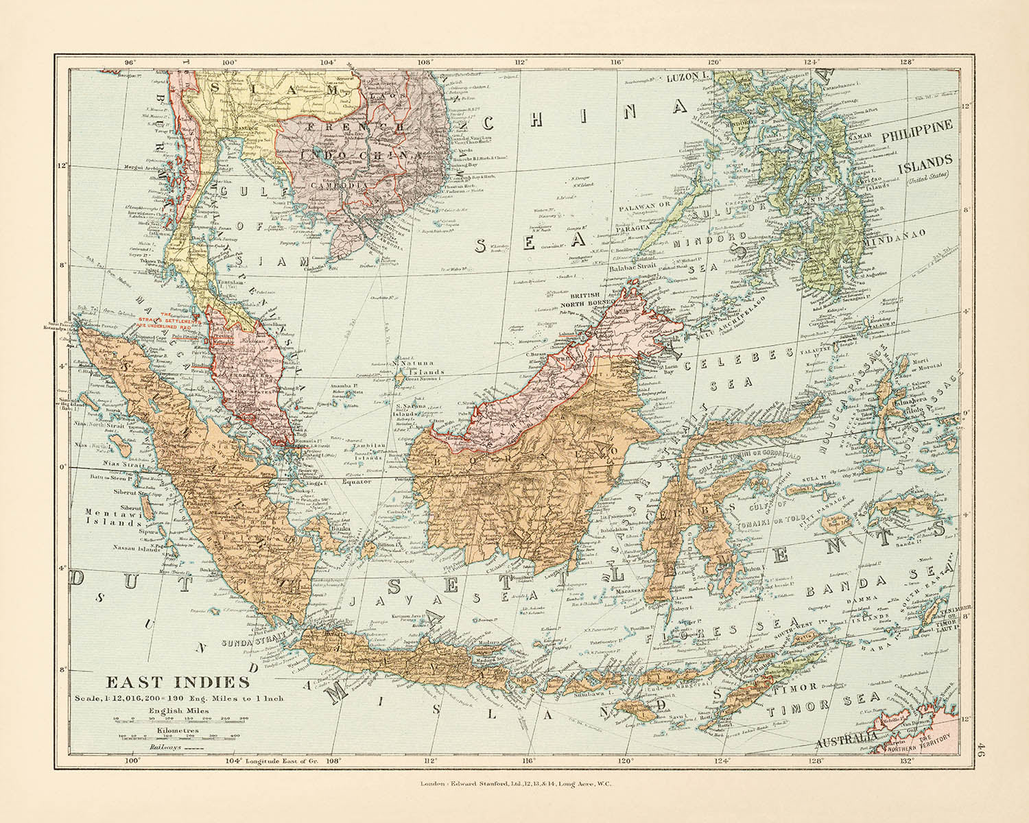 Old Map of the East Indies by Stanford, 1926: Indonesia, Malaysia, Philippines, Railways