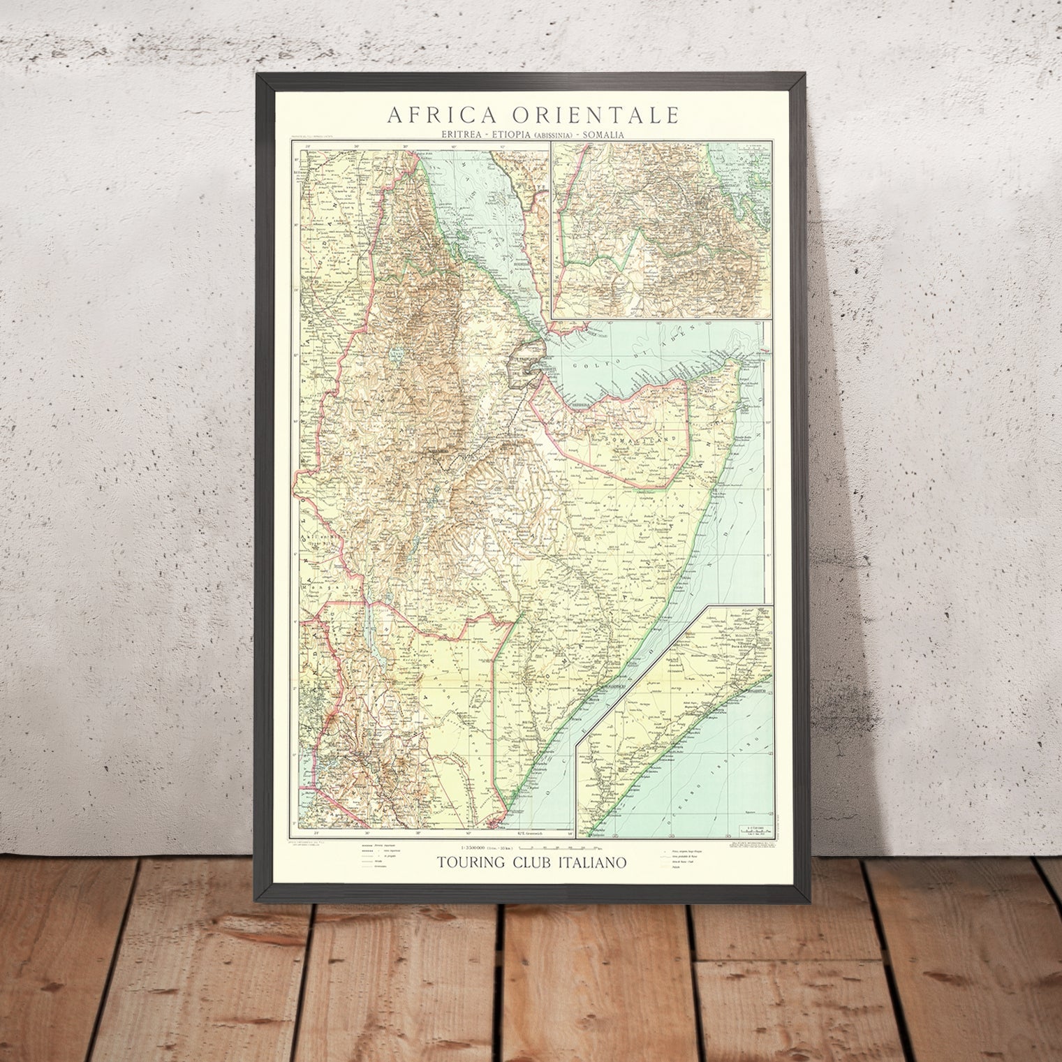 Old Map of East Africa by Touring Club Italiano, 1936: Addis Ababa, Mogadishu, Red Sea, Railways, Inset Maps
