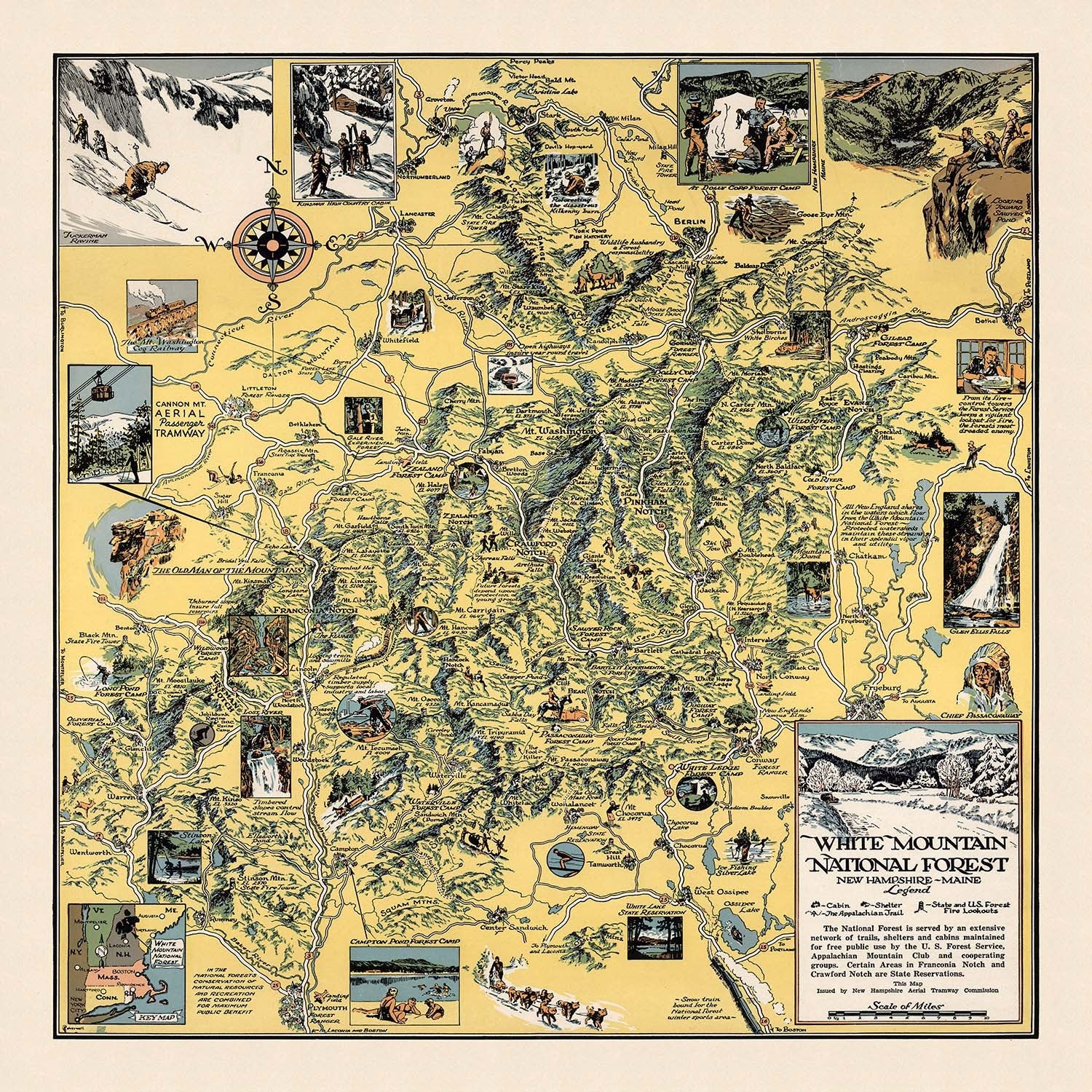 Old Pictorial Map of White Mountain National Forest, 1930: Cannon Mt., Appalachian Trail, Franconia Notch, Mt. Washington, Conway