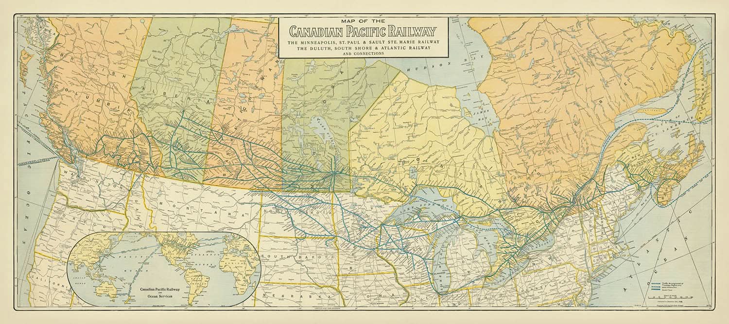 Old Map of the Canadian Pacific Railway by Poole Brothers, 1912: Canada and North USA, Great Lakes, Hudson Bay