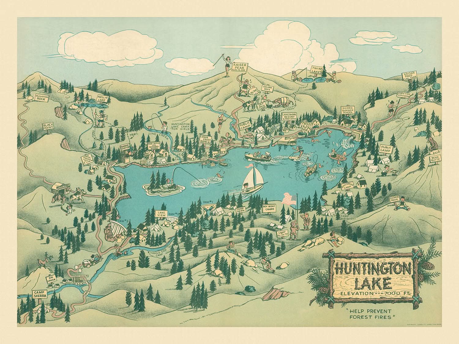 Old Pictorial Map of Huntington Lake, CA by Jones, 1940: Kaiser Peak, Twin Lakes, Camps, Trails, Fire Prevention