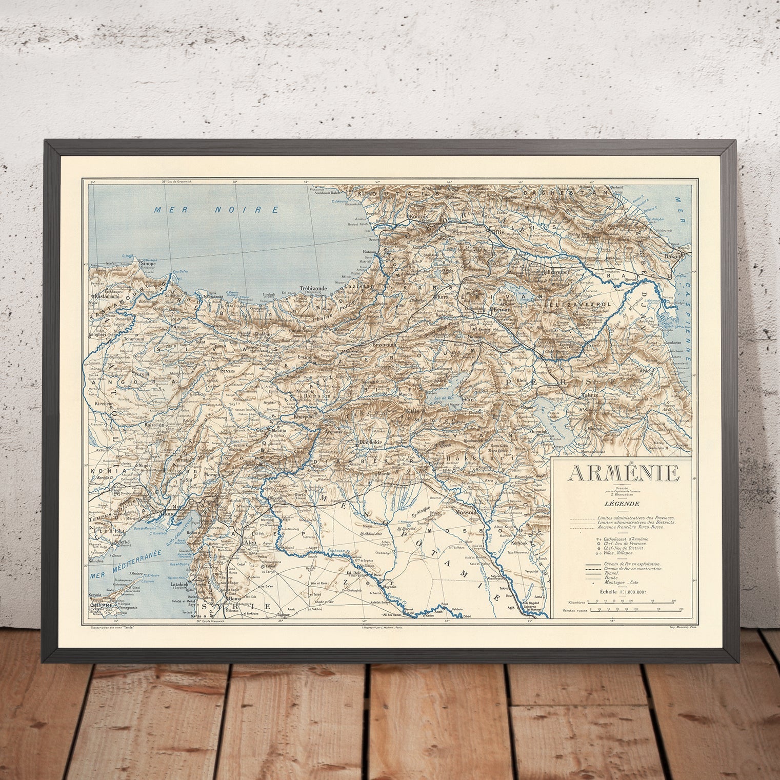 Old Map of Armenia by Khanzadian, 1919: Yerevan, Mount Ararat, Lake Van, Lake Sevan, Railways
