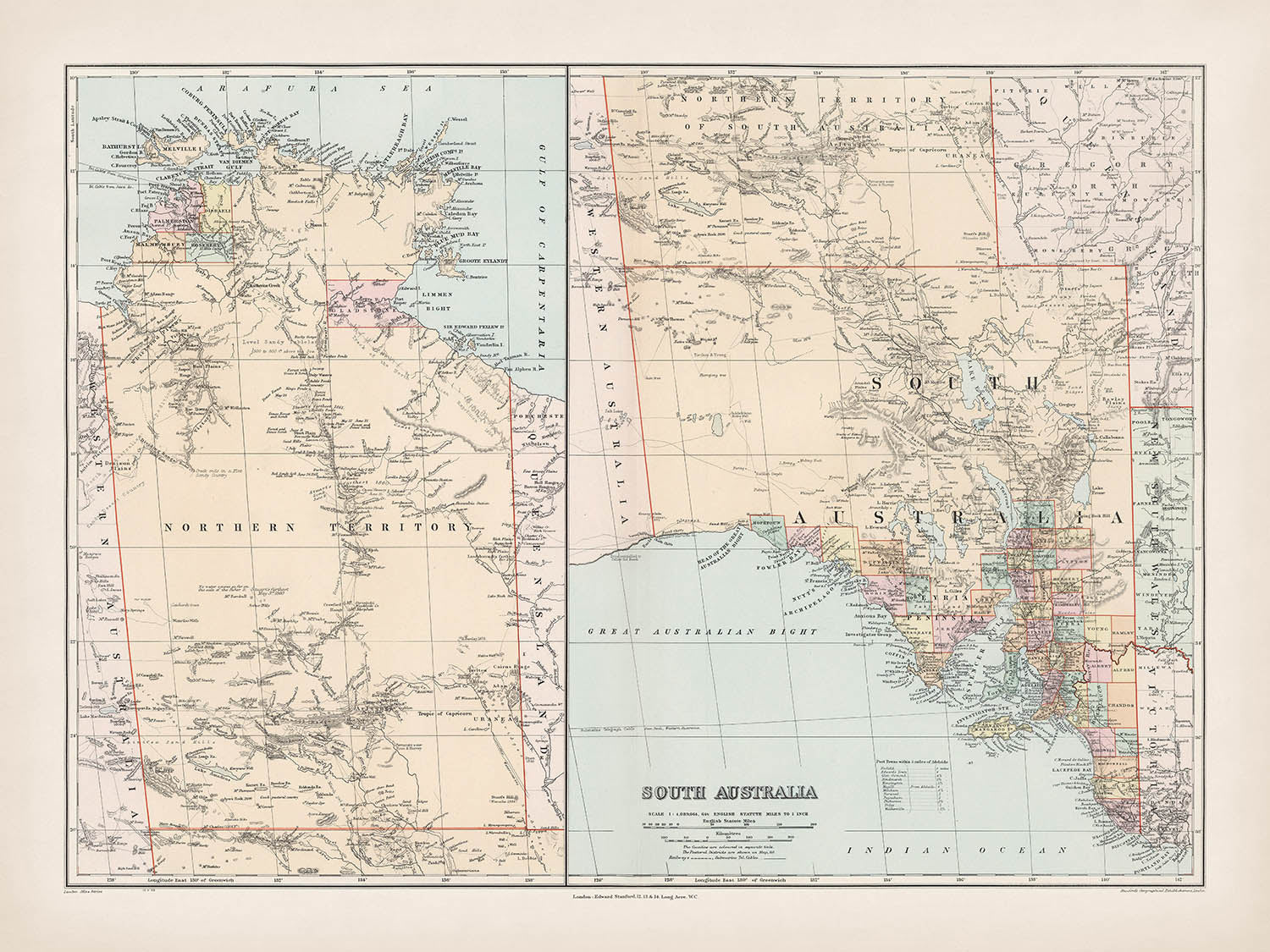 Old County Map of South Australia by Stanford, 1904: Adelaide, Murray River, Lake Eyre, Flinders Ranges, Railways