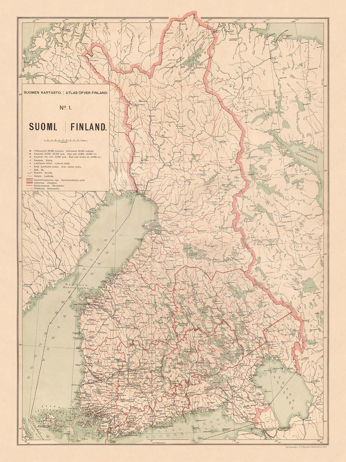 Old Map of Finland, 1897: Helsinki, Tampere, Gulf of Bothnia, Railways, Borders