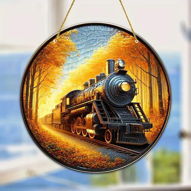 Railspirit Train Sun Catcher Round Acrylic Stained Window Hanging Decor