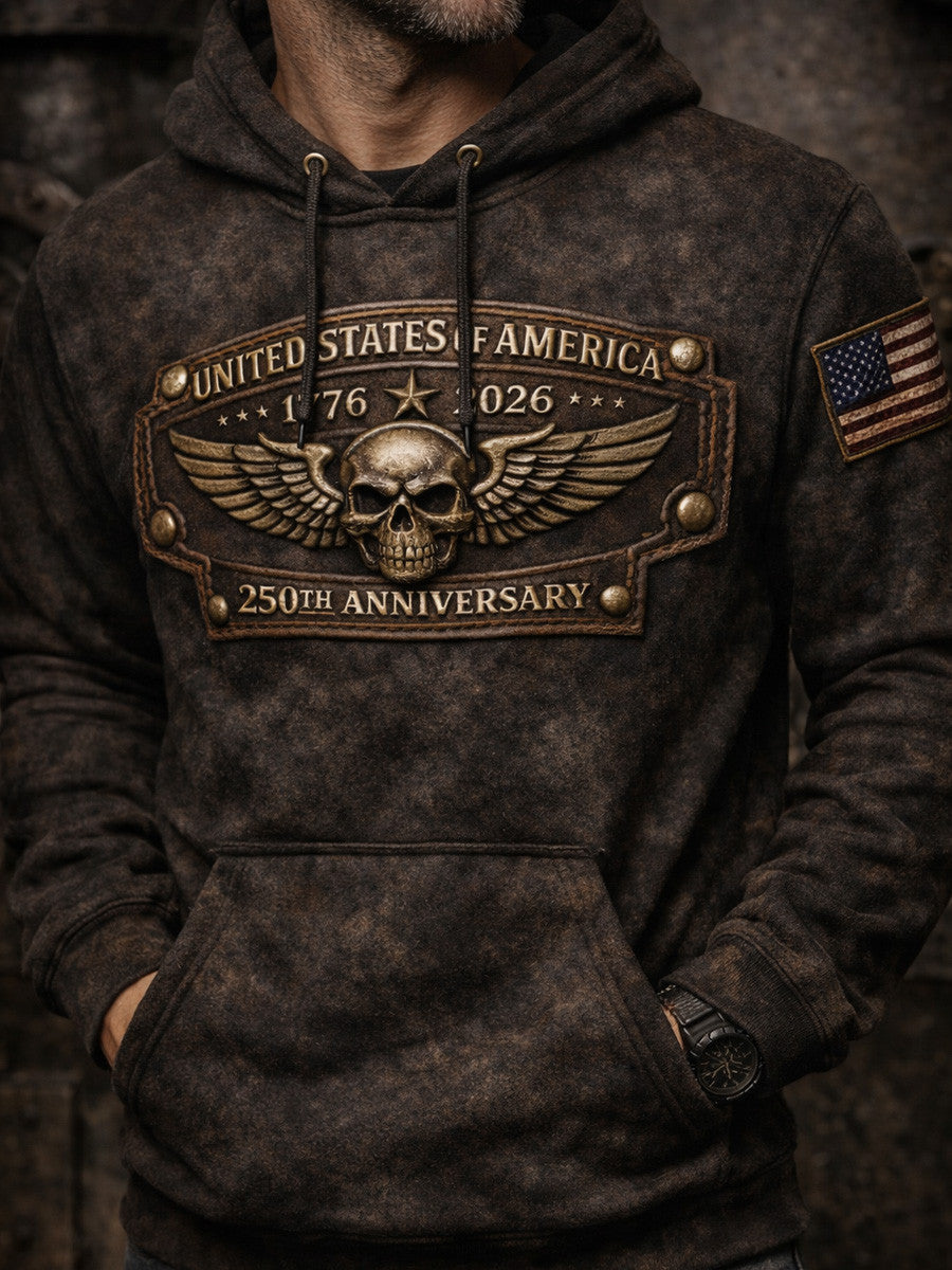 USA 250th Anniversary Printed Hoodie, United States of America 1776-2026 Skull Eagle Hoodie, Patriotic Veteran Gift