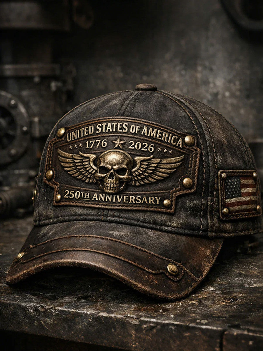 USA 250th Anniversary Cap, United States of America Skull Eagle Printed Hat, Patriotic Vintage Biker Veteran Cap