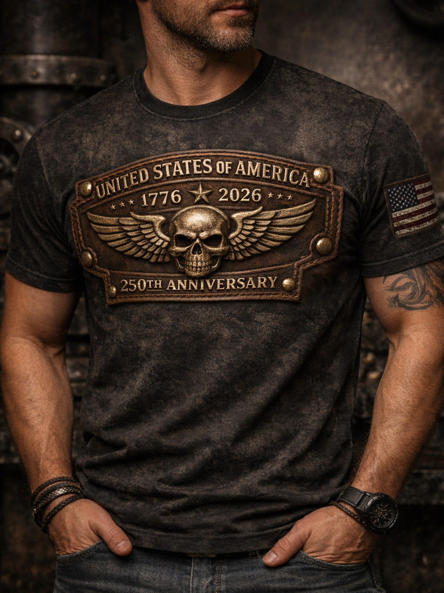 United States of America 250th Anniversary Printed T-Shirt, Patriotic Skull Eagle Graphic Tee, USA Veteran Biker Shirt Gift