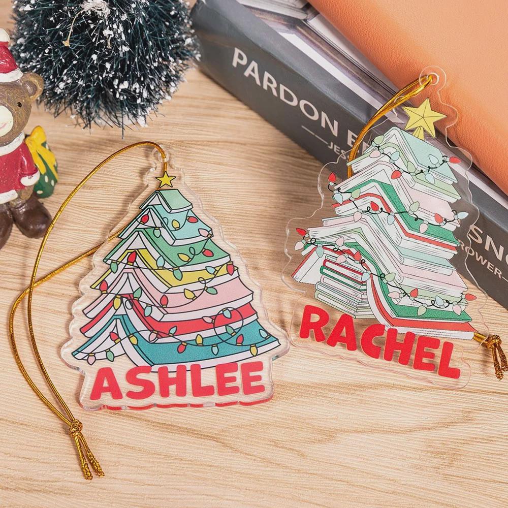 Custom Name Christmas Book Tree Ornament, Holiday Tree Hanging Decor Keepsake, Bookshelf Ornament, Christmas Gift For Book Lovers Librarians